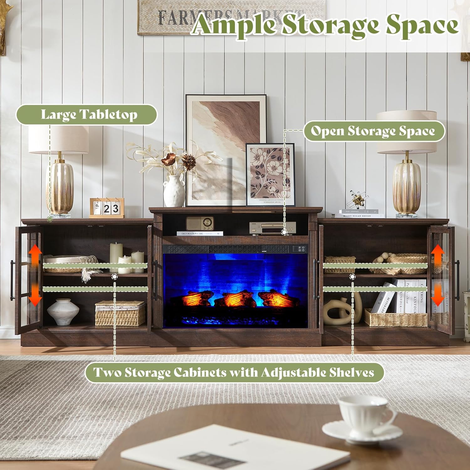AMERLIFE 97' Farmhouse Fireplace TV Stand, Entertainment Center with Large Storage Space and Adjustable Shelf, Media Console for Living Room, Rustic Brown