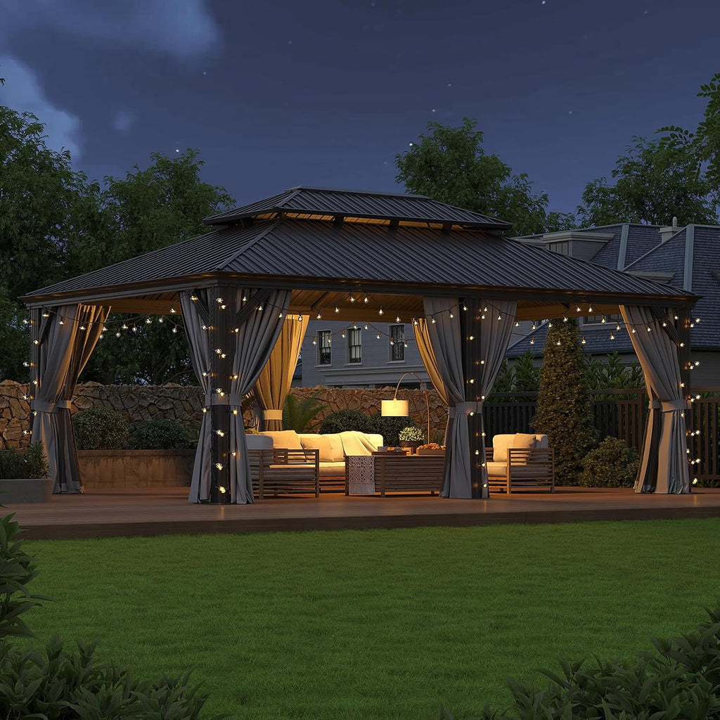 Suitable for Garden Leisure Time: 14'x20' Double - top Iron Sheet Luxury Pavilion, with a Sturdy Aluminum Alloy Frame, Equipped with Water - Repellent Enclosure Fabric and Insect - Proof Net