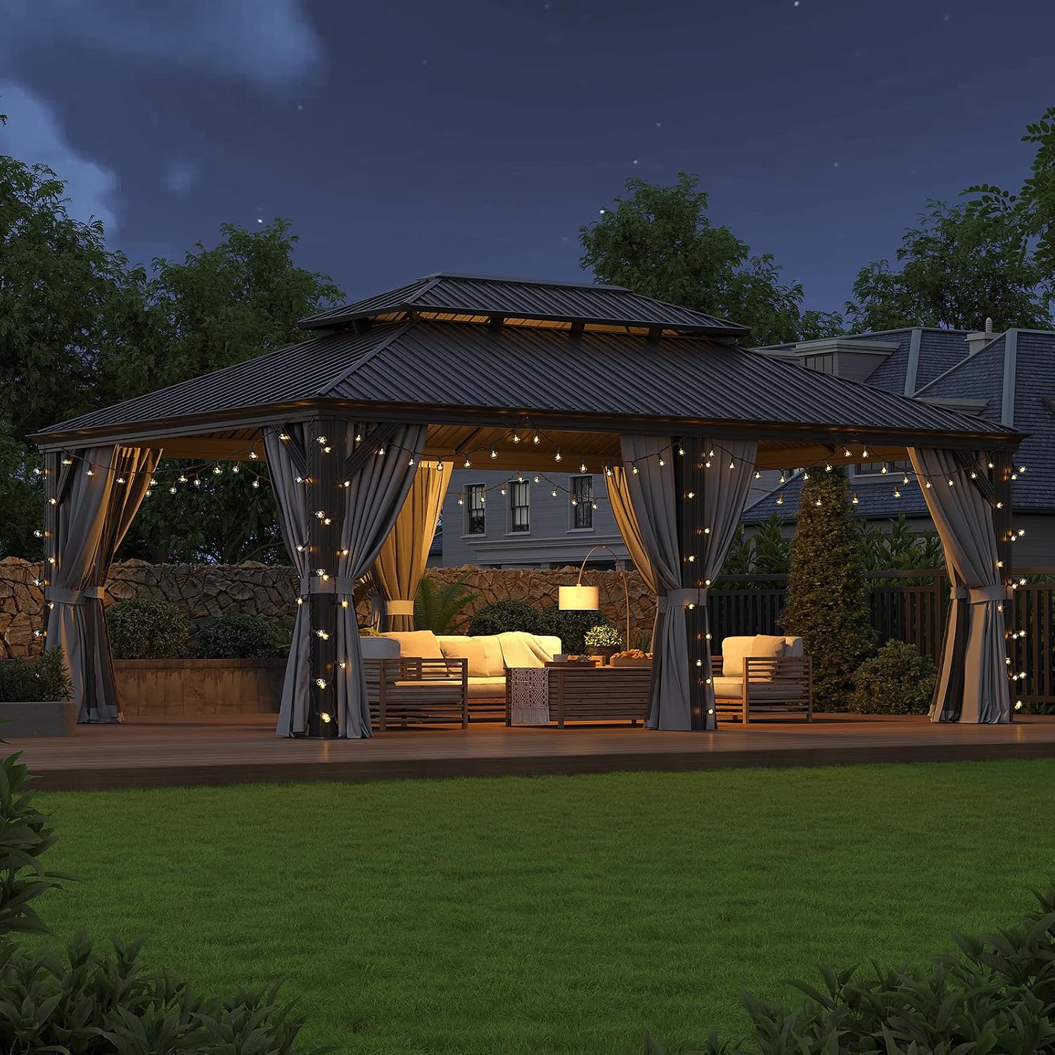 Suitable for Garden Leisure Time: 14'x20' Double - top Iron Sheet Luxury Pavilion, with a Sturdy Aluminum Alloy Frame, Equipped with Water - Repellent Enclosure Fabric and Insect - Proof Net