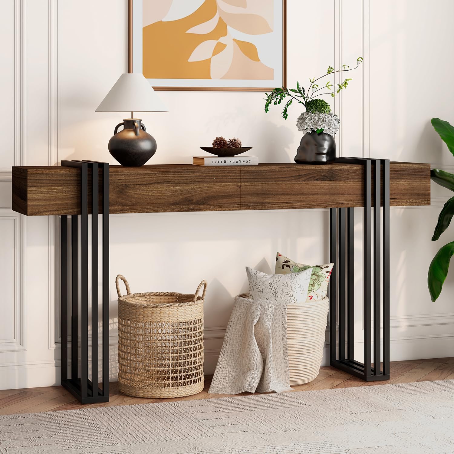 knoworld 63 Inch Console Table for Entryway, Industrial Sofa Tables Couch Table Behind Sofa for Living Room Hallway Foyer, Walnut