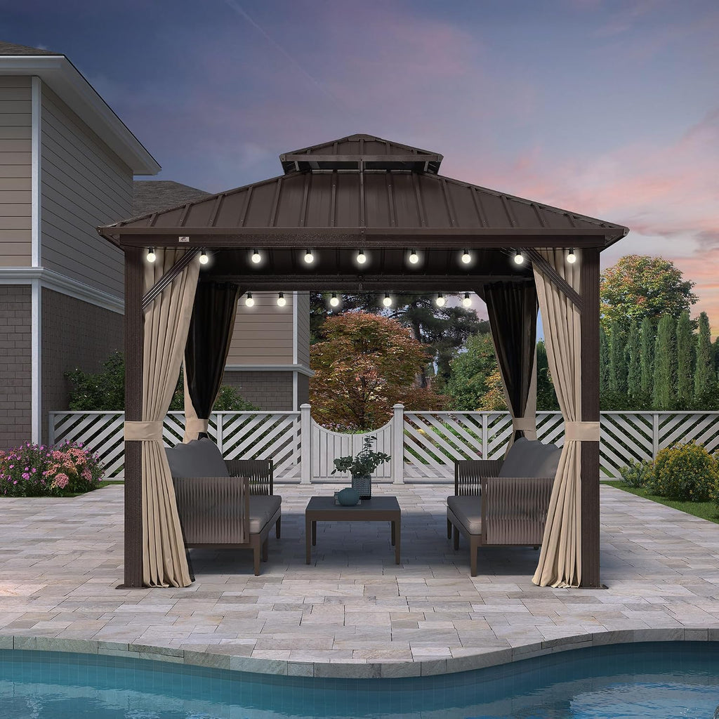 PURPLE LEAF 10' X 10' Hardtop Gazebo Outdoor Gazebos Metal Frame Galvanized Steel Double Roof with Curtains and Nettings for Patio Desk Backyard Bronze
