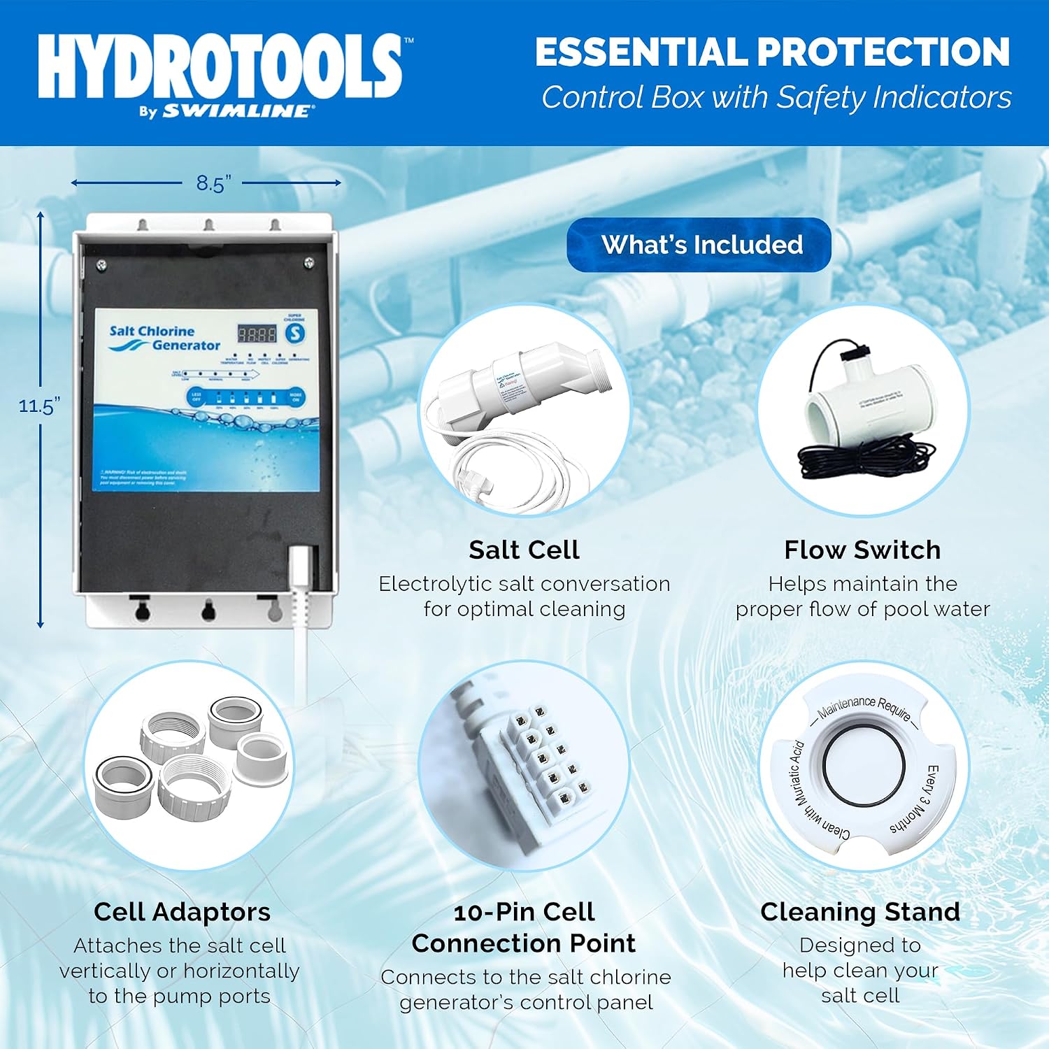 HYDROTOOLS By SWIMLINE 87625 Salt Water Chlorine Generator System For Pools Up To 25K Gallons, 13 Titanium Plates 1.6 Lbs CL Output, Universal Compatibility Easy Install Above & Inground Swimming Pool