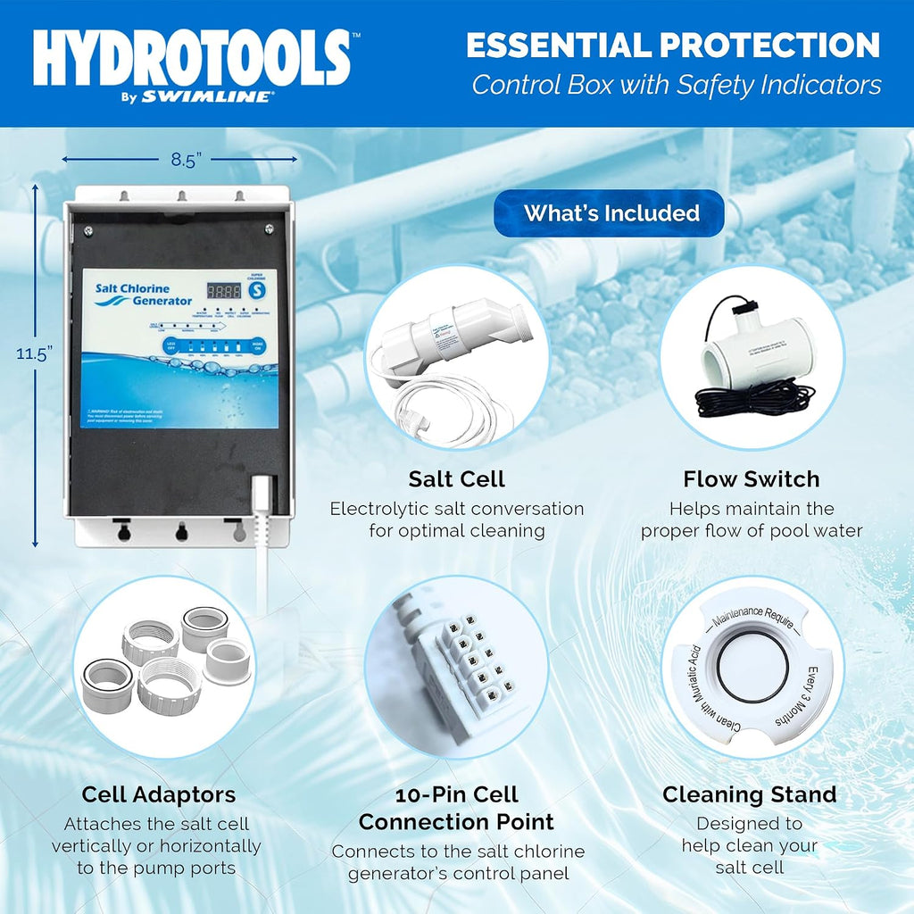 SWIMLINE HYDROTOOLS 87615 Salt Water Chlorine Generator System For Pools Up To 15K Gallons, 7 Titanium Plates 0.8 Lbs CL Output, Universal Compatibility Easy Install Above & Inground Swimming Pools