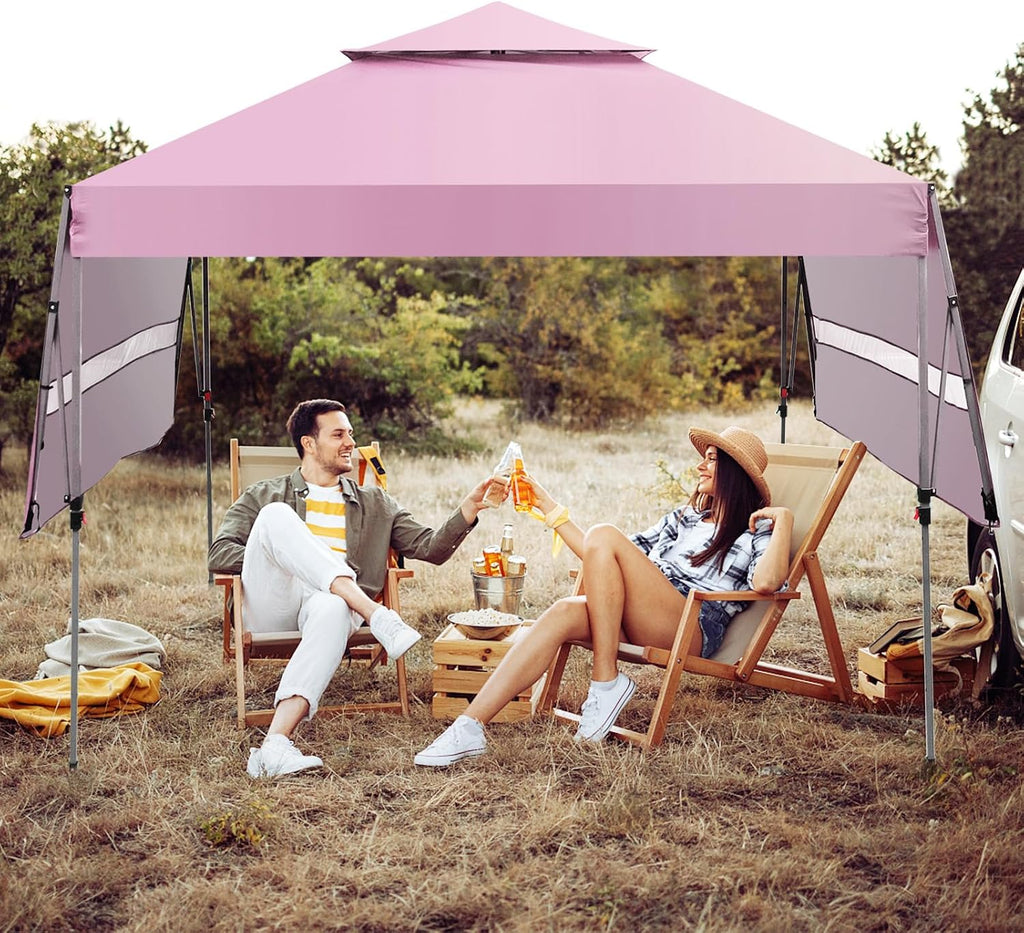 HAPPYGRILL Pop Up Canopy with Dual Awnings 10x17.6 FT, Outdoor Gazebo Shelter with Portable Wheeled Carrying Bag, Easy Setup Instant Tent for Patio Camping Picnic (Pink)