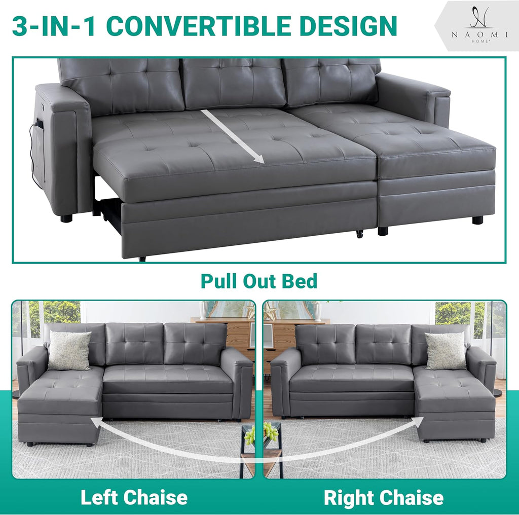 Naomi Home L-Shaped Sectional Sleeper Sofa with USB Ports - Convertible Pull-Out Bed, Ample Storage, Timeless Design, Durable Construction Gray/Air Leather