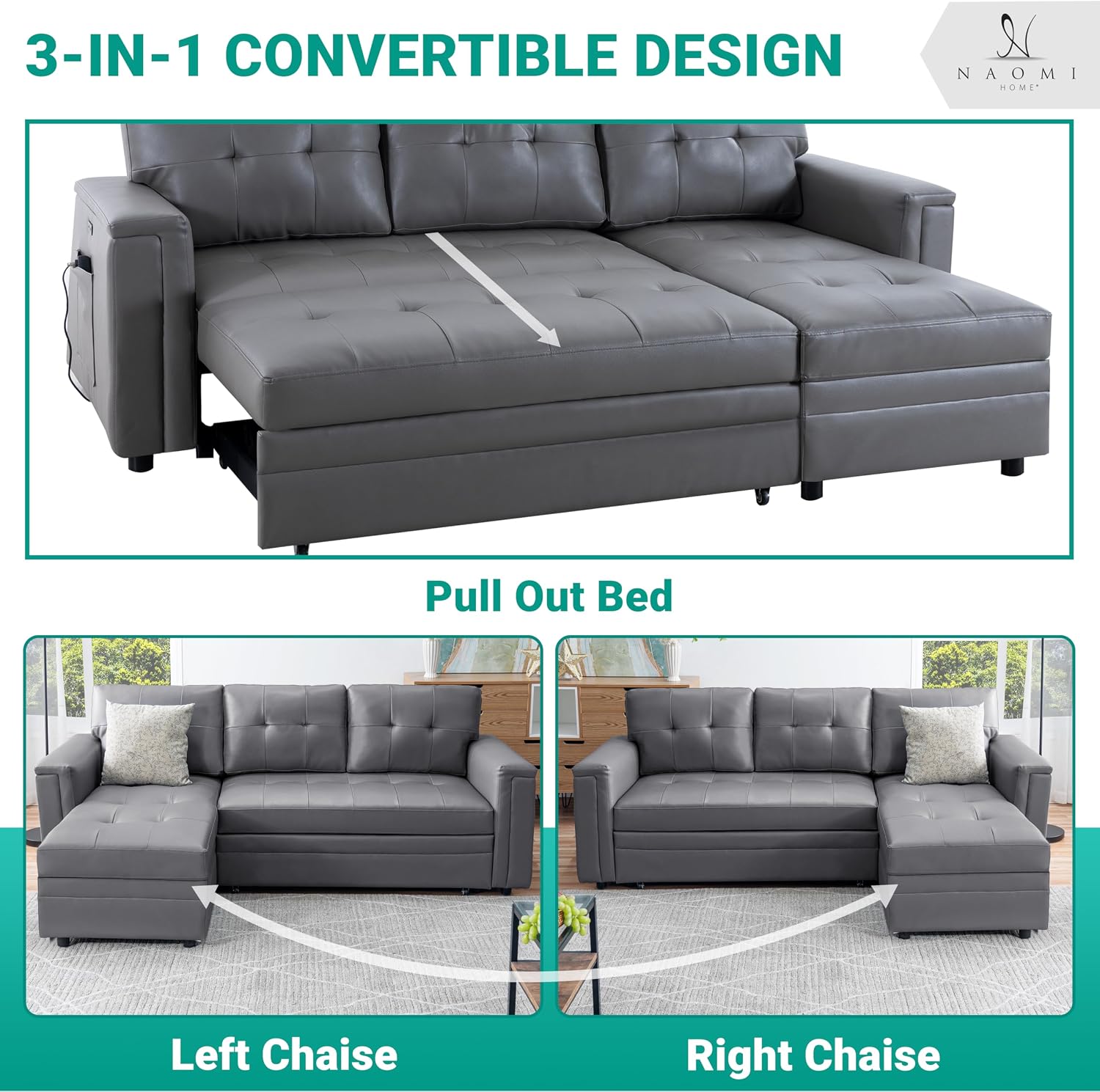 Naomi Home L-Shaped Sectional Sleeper Sofa with USB Ports - Convertible Pull-Out Bed, Ample Storage, Timeless Design, Durable Construction Gray/Air Leather