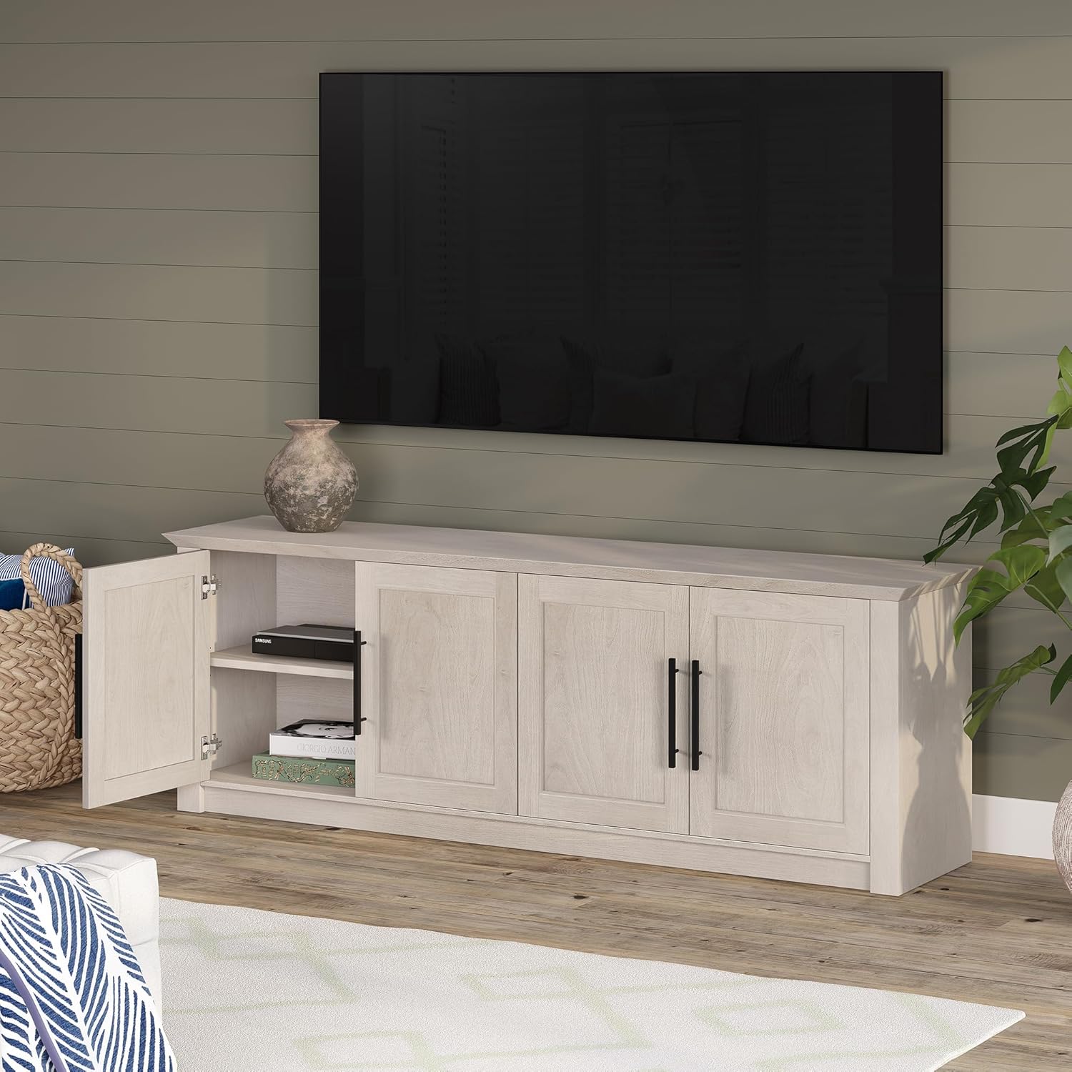 Henn&Hart TV Stand for TVs up to 78' with 2 Conceal Storage Cabinets and Adjustable Shelves for Living Room, Family Room, or Office, Beech White