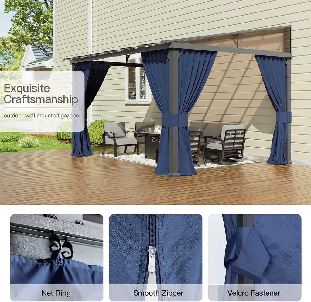 10' x 12' Gazebo,Wall Mounted Gazebo with Roof,Aluminum Frame Outdoor pelgole w/Netting & Curtain,Navyblue