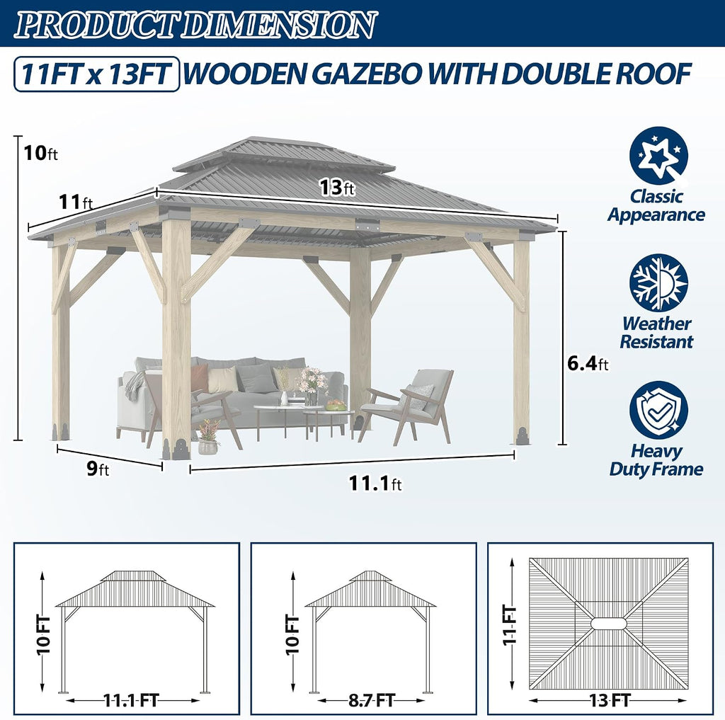COVERONICS 11FT x 13FT Outdoor Wooden Gazebo - Patio Wood Frame Gazebo with Galvanized Steel Hardtop, Heavy-Duty Hardtop Gazebos for Garden, Poolside, Deck, Backyard