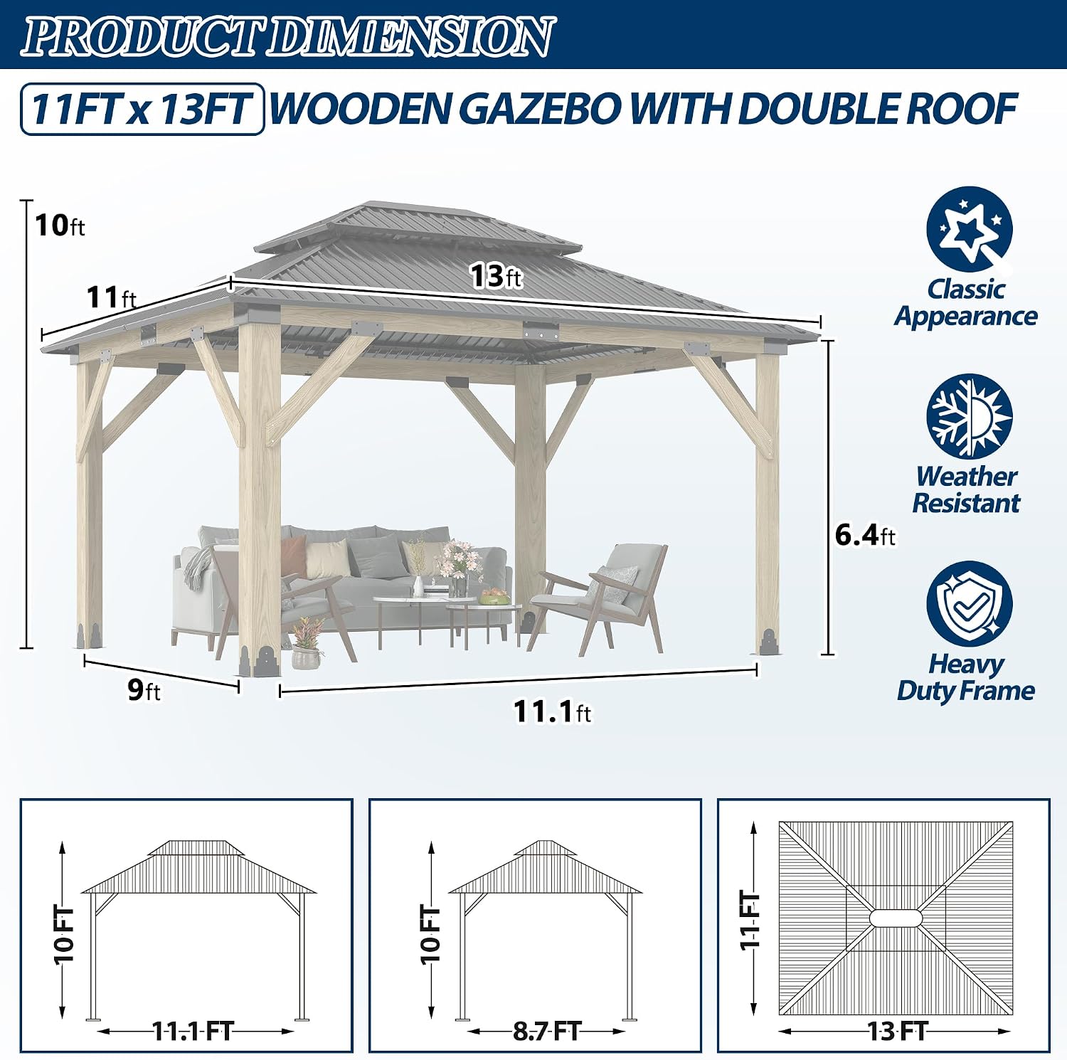 COVERONICS 11FT x 13FT Outdoor Wooden Gazebo - Patio Wood Frame Gazebo with Galvanized Steel Hardtop, Heavy-Duty Hardtop Gazebos for Garden, Poolside, Deck, Backyard