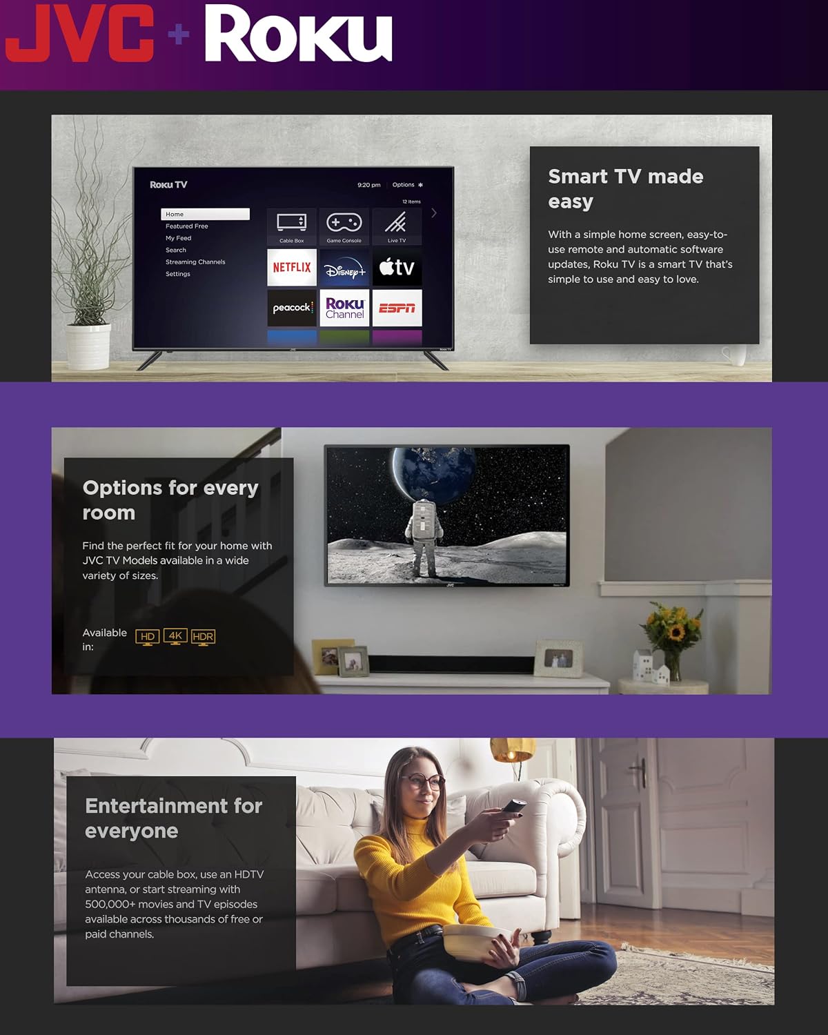 JVC 32-Inch 720p HD LED Roku Smart TV with Voice Control App, Airplay, Screen Casting, & 300+ Free Streaming Channels (LT32MAW2)