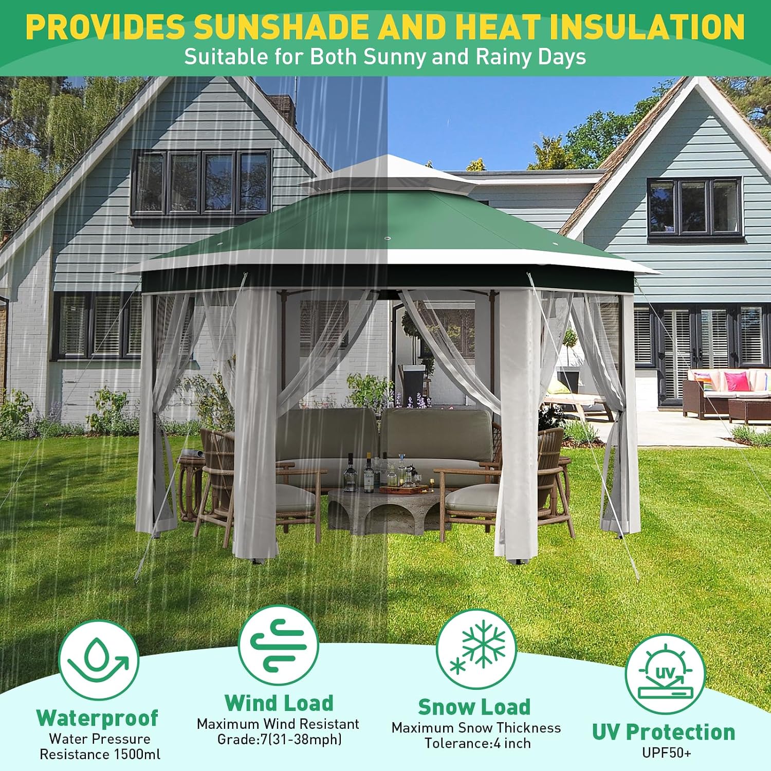 13' x 13' Pop Up Gazebo, Hexagonal Canopy Shelter with 6 Zippered Mesh Netting, Event Tent with Strong Steel Frame for Patio Backyard Garden Wedding Party, Green