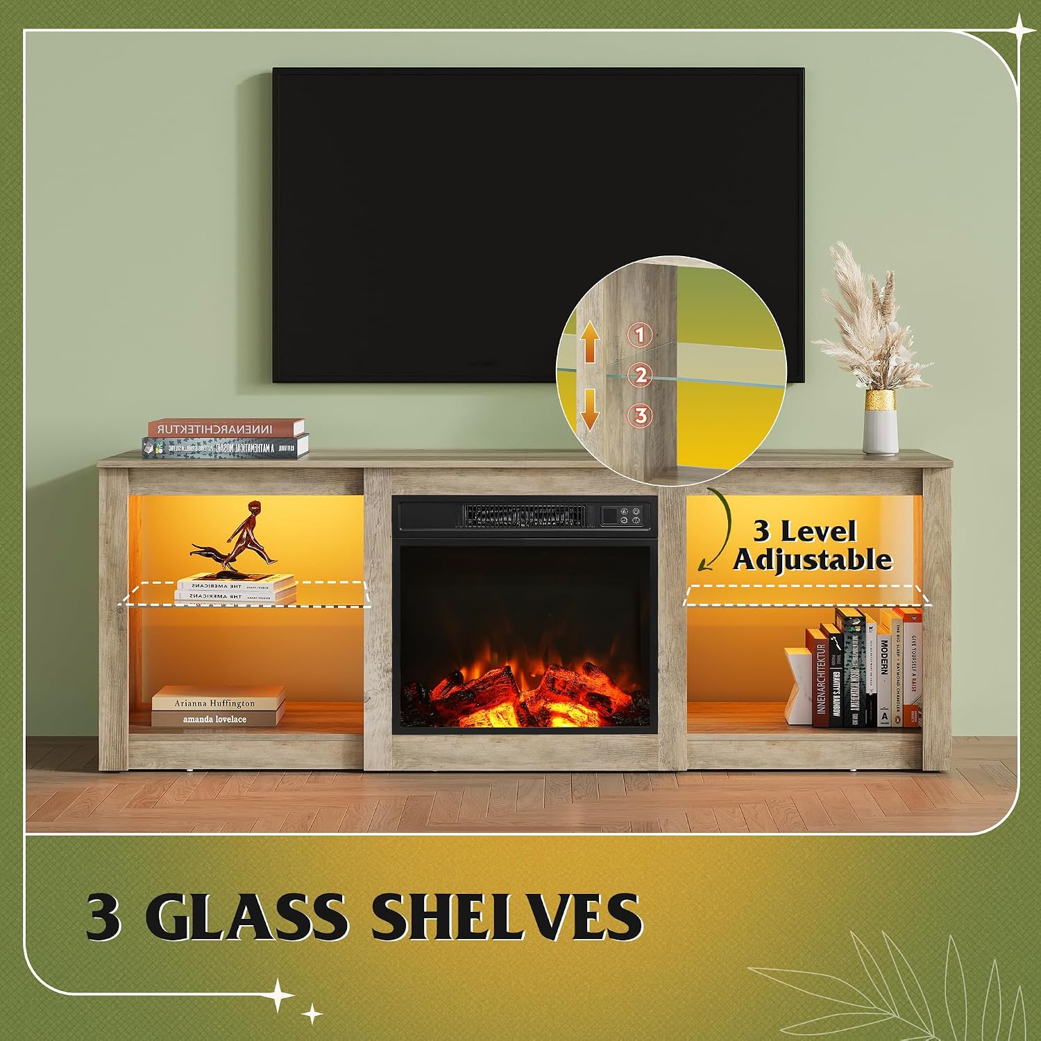 WLIVE 58 Inches Fireplace TV Stand with LED Lights, Modern Entertainment Center with 18'' Electric Fireplace & Adjustable Glass Shelves, Sturdy Media Console for Living Room, Bedroom (Grey Oak)