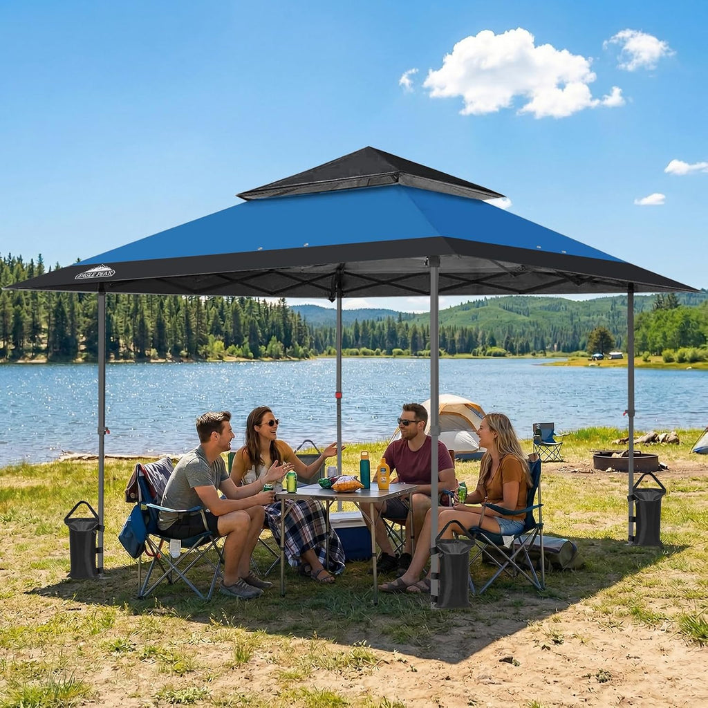 EAGLE PEAK 13x13 Straight Leg Pop Up Canopy Tent Instant Outdoor Canopy Easy Single Person Set up Folding Shelter w/Auto Extending Eaves 169 Square Feet of Shade (Blue/Black)