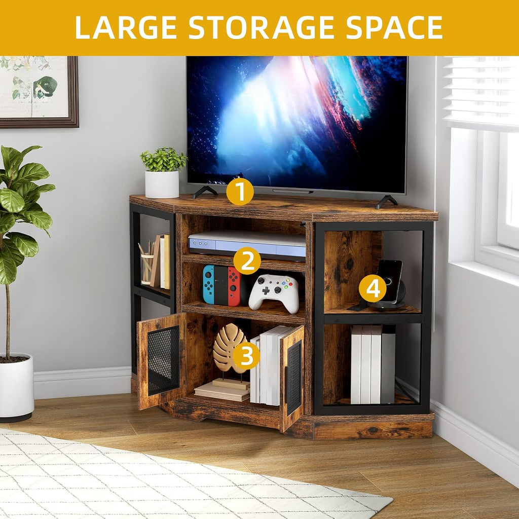 DWVO Farmhouse Corner TV Stand for Living Room, TV Stand for 50 Inch TV, Entertainment Center with Storage and Power Outlet, TV Console Cabinet, Rustic Brown