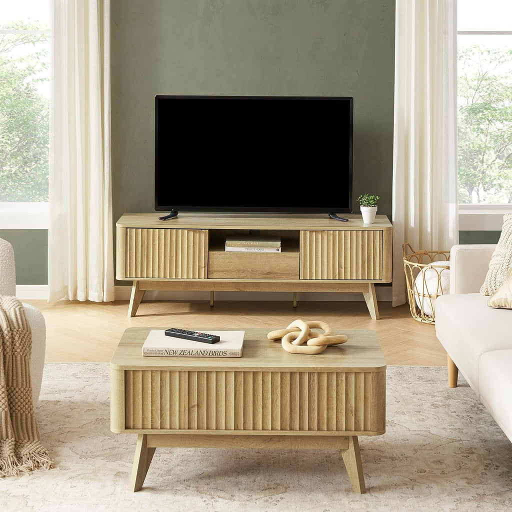 mopio Brooklyn Mid-Century Modern TV Stand, for TVs up to 50' / 59' Waveform Panel, Sleek Curved Profile with Adjustable Shelf and Sturdy Box Frame Leg (Golden Oak, 57')