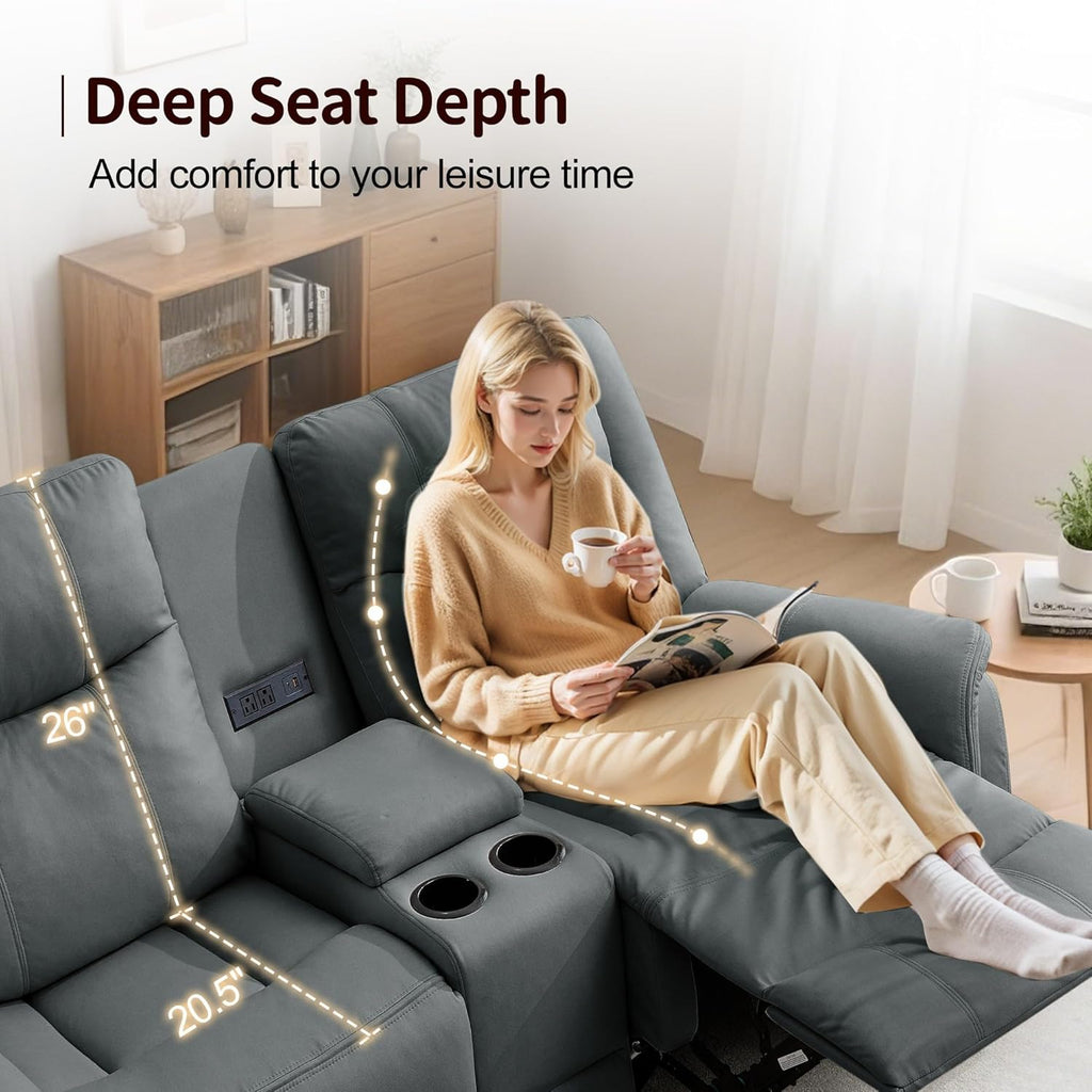 Korser Loveseat Recliner Sofa, Reclining Loveseat Couch, Reclining Couch with Console, USB Port, US Outlets, and Cup Holders, 2-Seater Sofa for Living Room