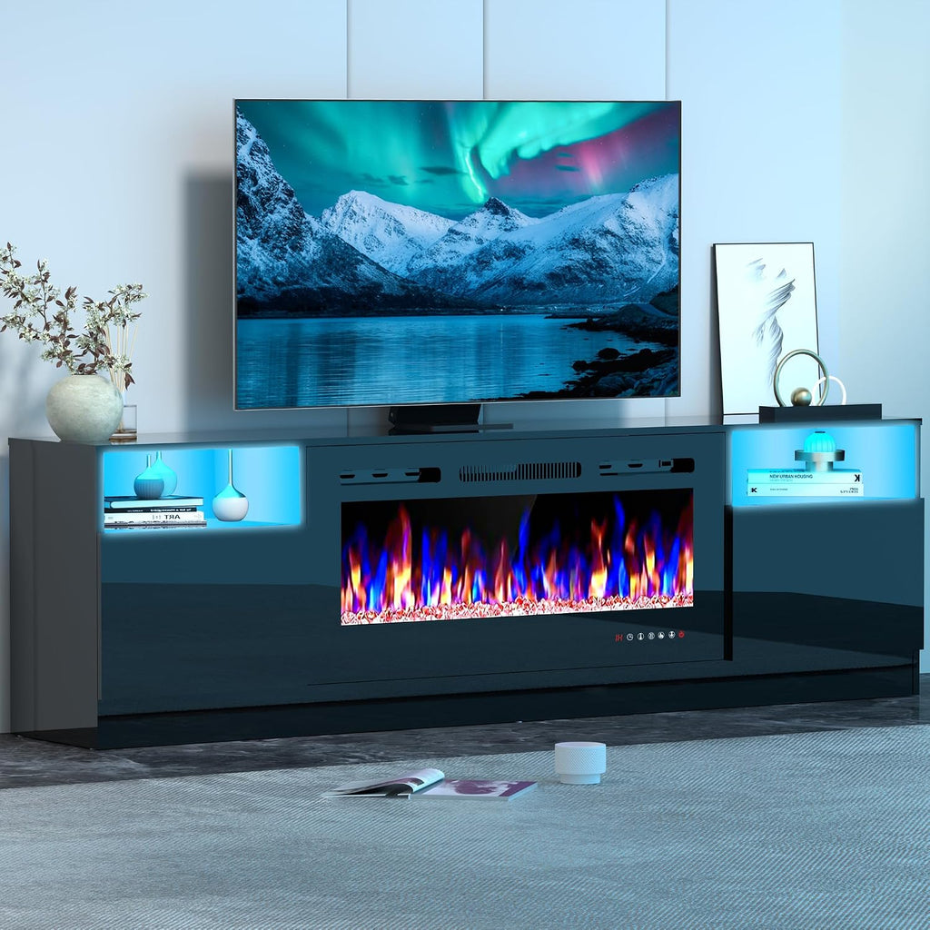 Fireplace TV Stand for 80 Inch TV, TV Stand with 36' Fireplace, LED Light Entertainment Center with Storage Cabinets, Media TV Console TV Table for Living Room, Black