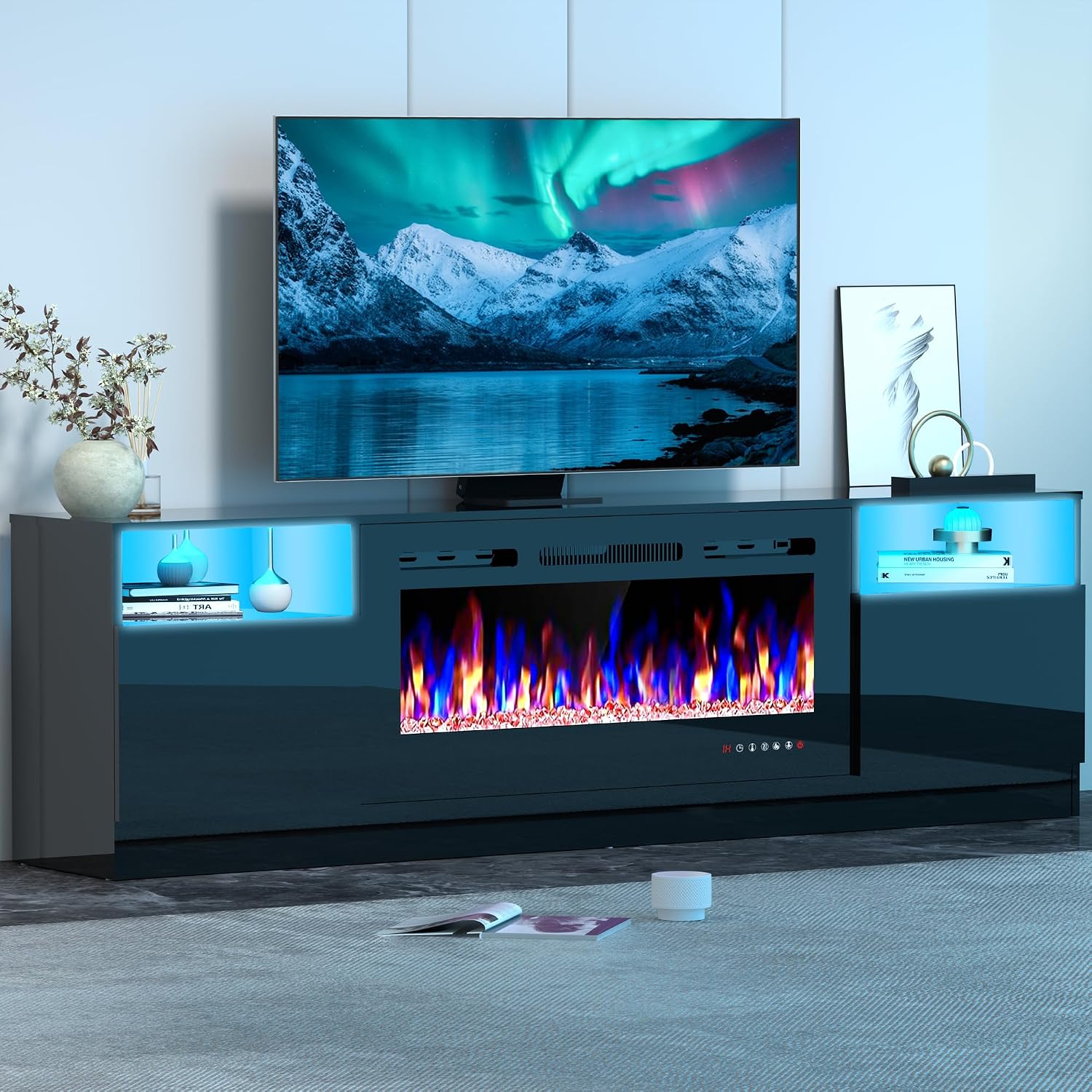Fireplace TV Stand for 80 Inch TV, TV Stand with 36' Fireplace, LED Light Entertainment Center with Storage Cabinets, Media TV Console TV Table for Living Room, Black