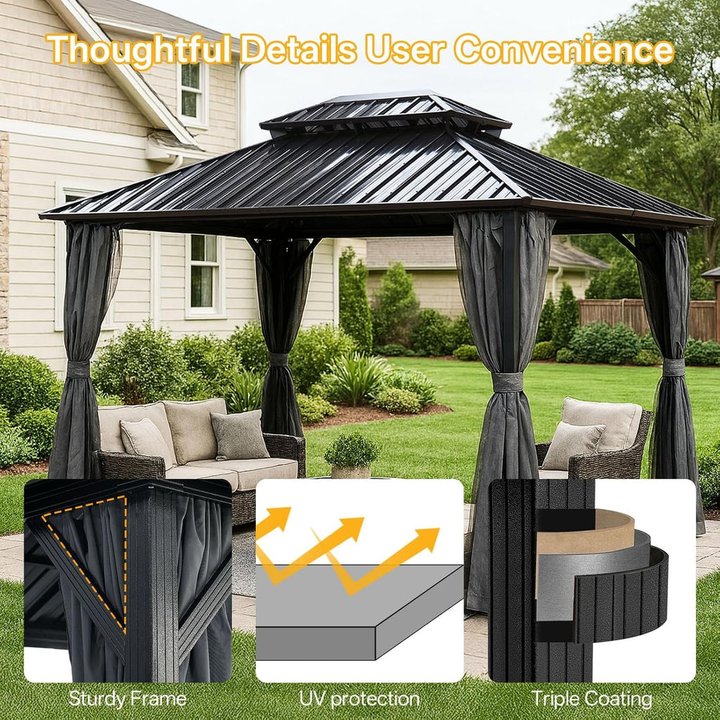 10x12 Hardtop Gazebo Outdoor Metal Gazebo with Double Roof & Netting Curtains - Heavy Duty Steel Pavilion for Patios, Waterproof & Snow Load Resistant