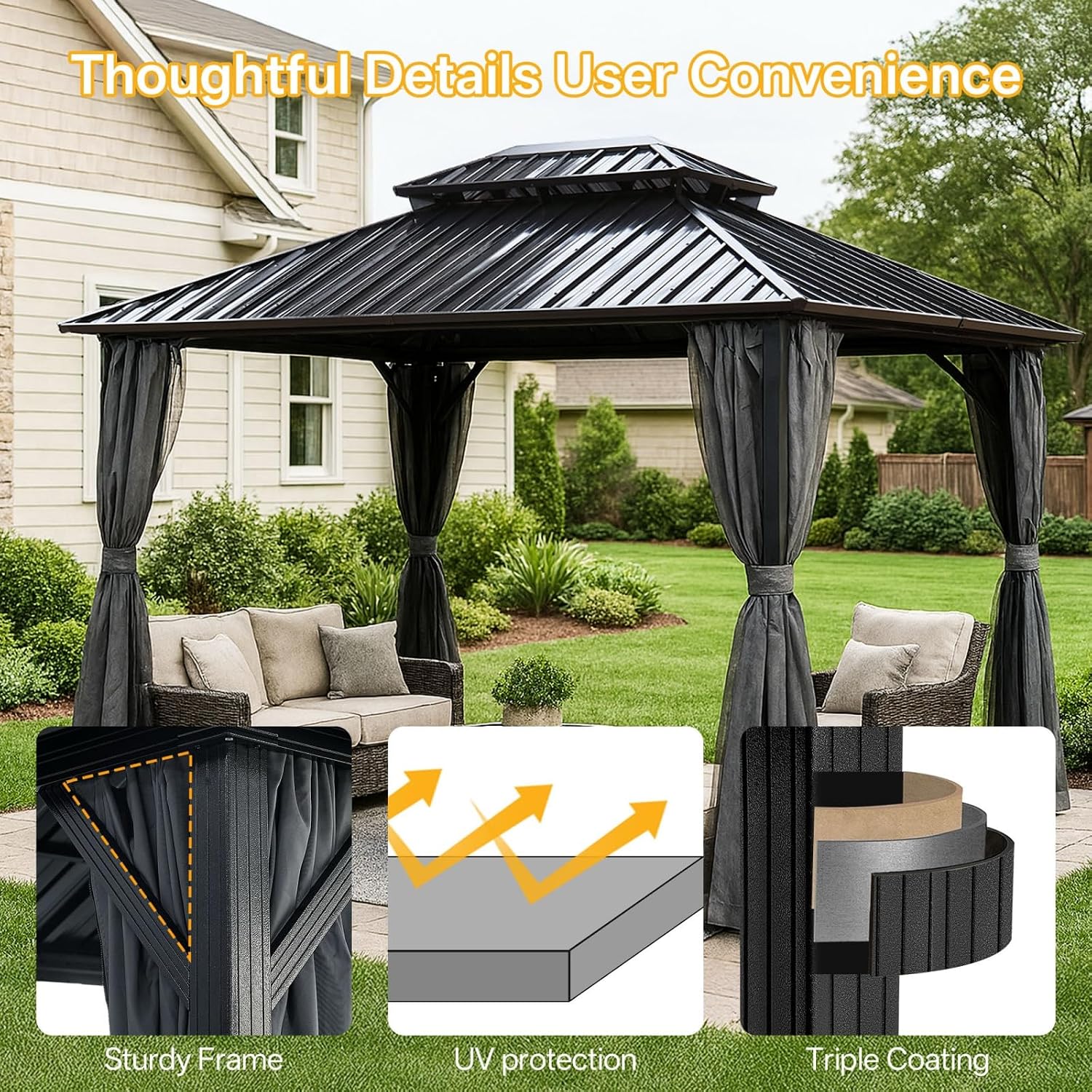 10x12 Hardtop Gazebo Outdoor Metal Gazebo with Double Roof & Netting Curtains - Heavy Duty Steel Pavilion for Patios, Waterproof & Snow Load Resistant