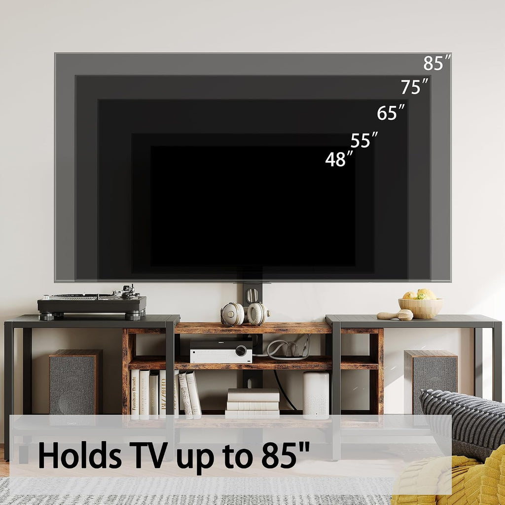 IRONCK 79 Inch TV Stand for TVs up to 85 Inch with Mount and Power Outlet, 3 Tiers TV Console with Storage Shelves, Entertainment Center, Steel Frame, for Living Room, Bedroom, Vintage Brown