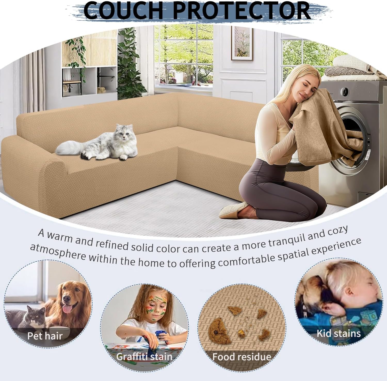 ALIECOM Stretch Corner Sectional Couch Covers L Shape Sofa Covers Washable Sectional Slipcovers U Shape Jacquard Living Room Pet Dogs Furniture Protector with Elastic Bottom (Apricot, X-Large)