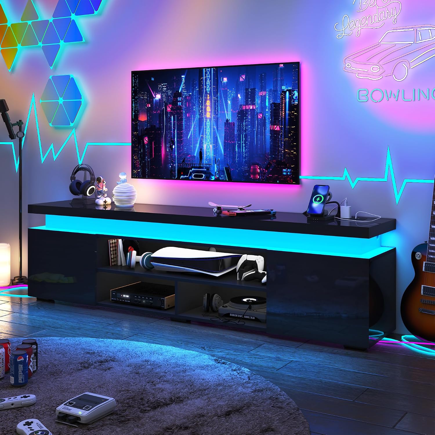 Hlivelood LED TV Stand for 95 Inch TV, Modern TV Stand with Power Outlet, High Gloss TV Console Entertainment Center with Storage and LED Lights for Living Room, Bedroom (83 Inch, Black)