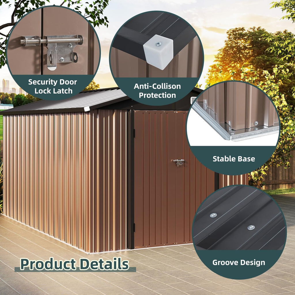 8x12ft Brown Metal Tool Shed with Double Lockable Doors, Ventilated Roof, Spacious Outdoor Storage for Tools, Bikes, and Garden Equipment