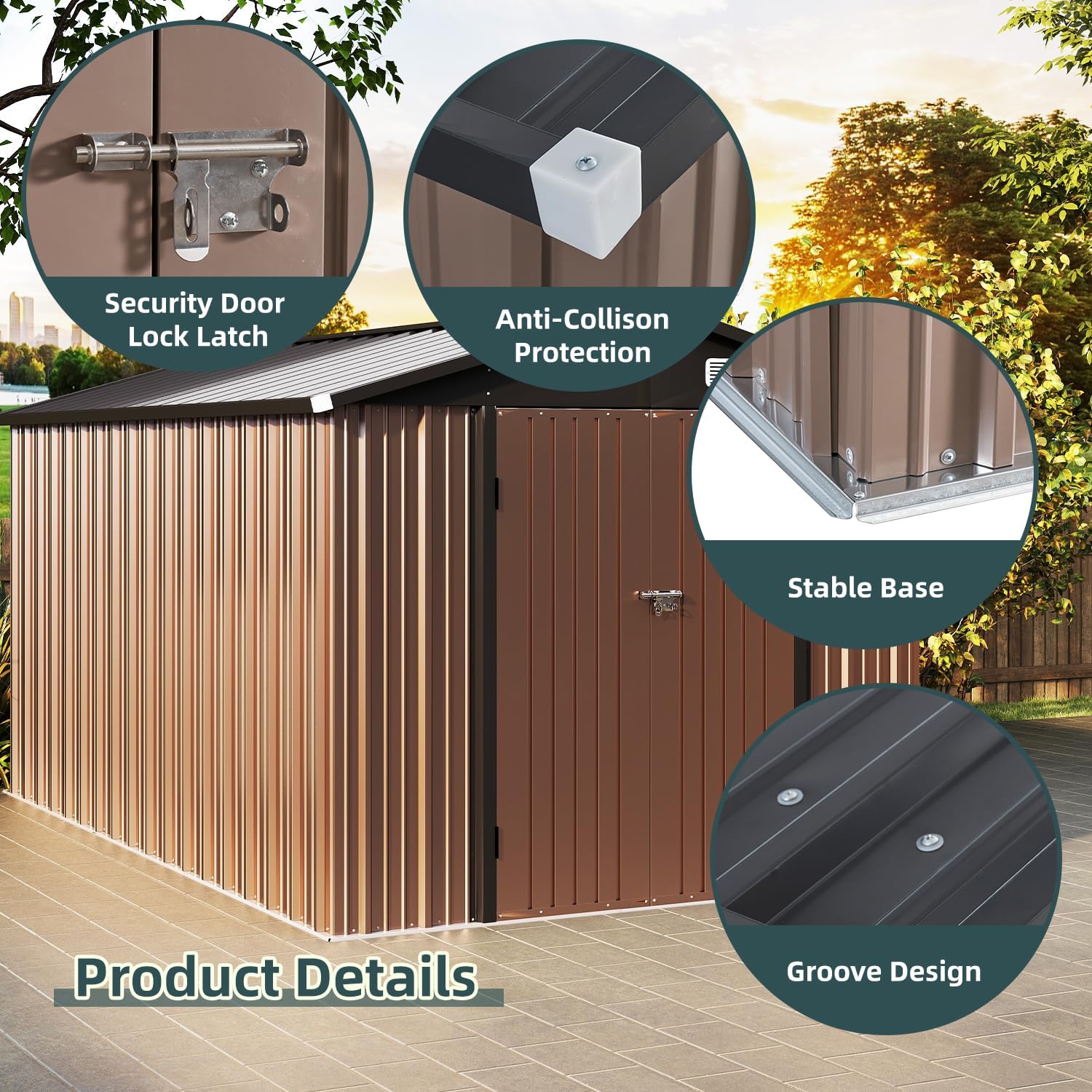 8x12ft Brown Metal Tool Shed with Double Lockable Doors, Ventilated Roof, Spacious Outdoor Storage for Tools, Bikes, and Garden Equipment