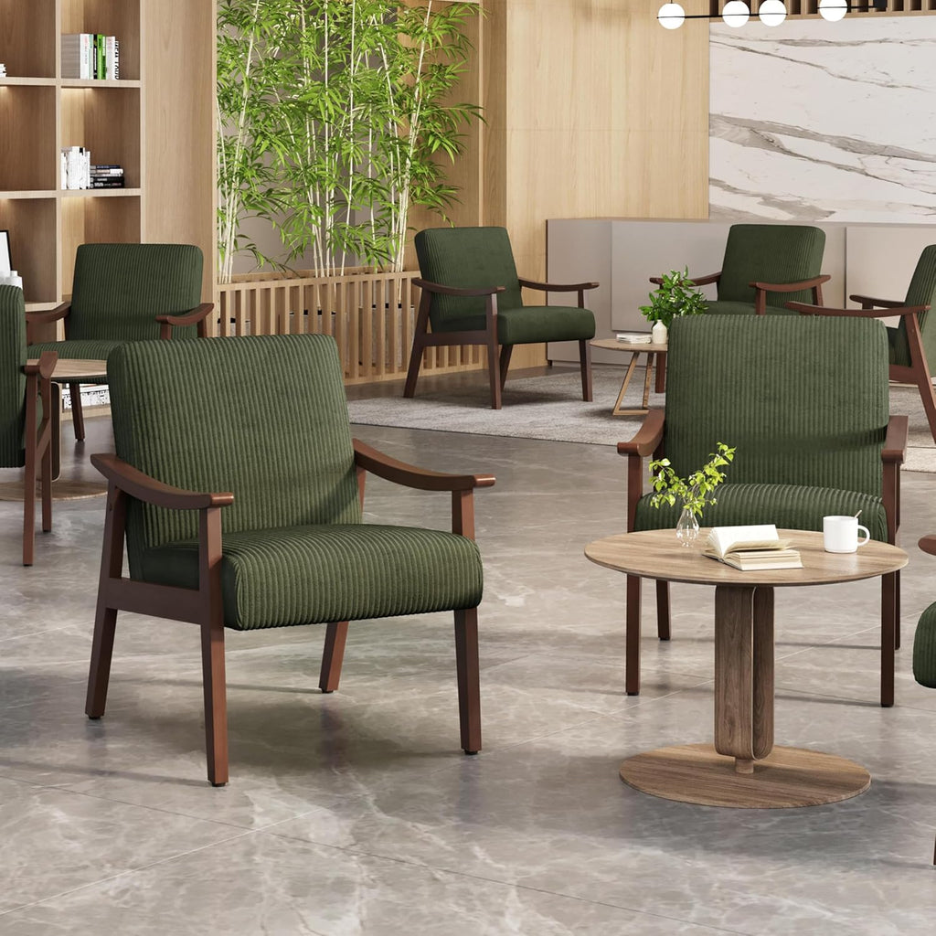 Yaheetech Corduroy Accent Chair, Mid-Century Modern Armchair with Solid Wood Legs, Reading Leisure Chair with High Back for Living Room Bedroom Waiting Room, Set of 2, Dark Green