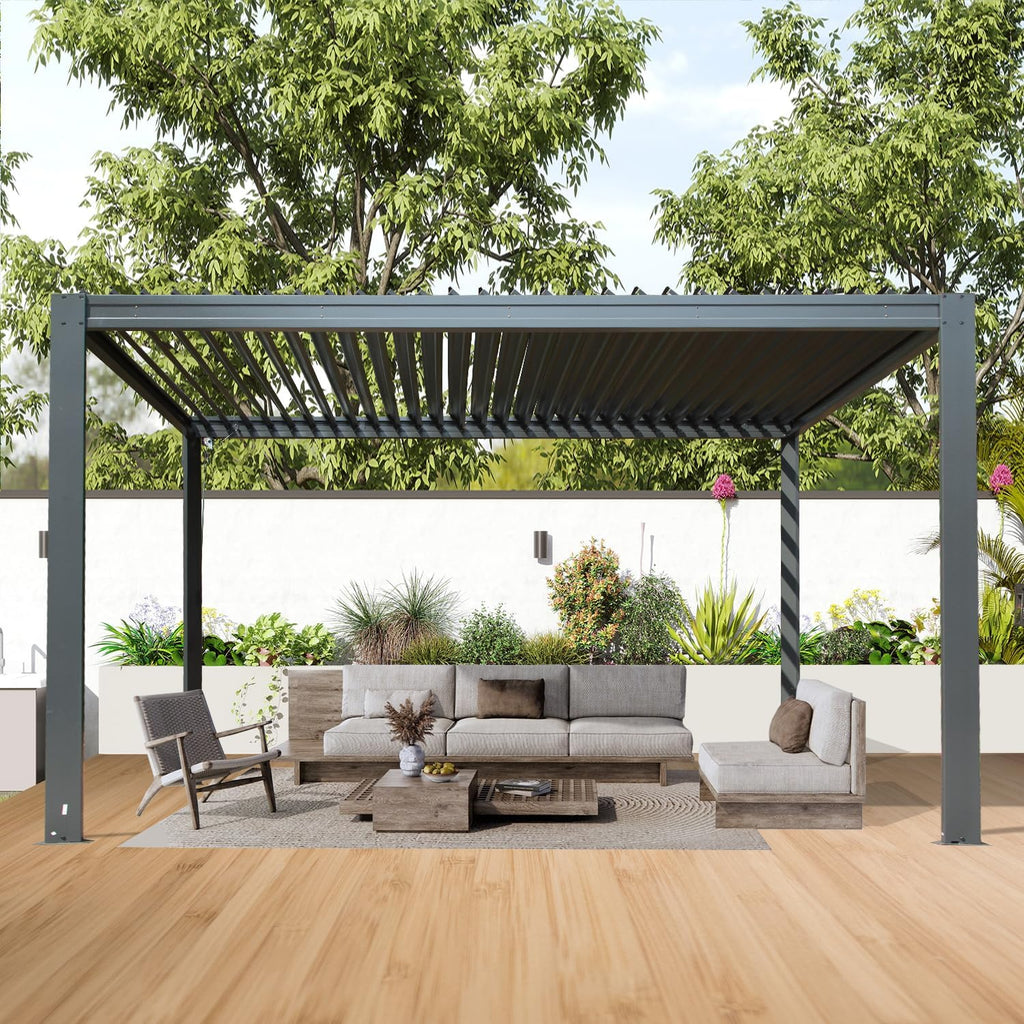 Domi Louvered Pergola 10×13 FT, Outdoor Aluminum Pergola with Adjustable Rainproof Roof and Drainage System, Metal Pergola Gazebo for Patio, Deck, Backyard, Grey