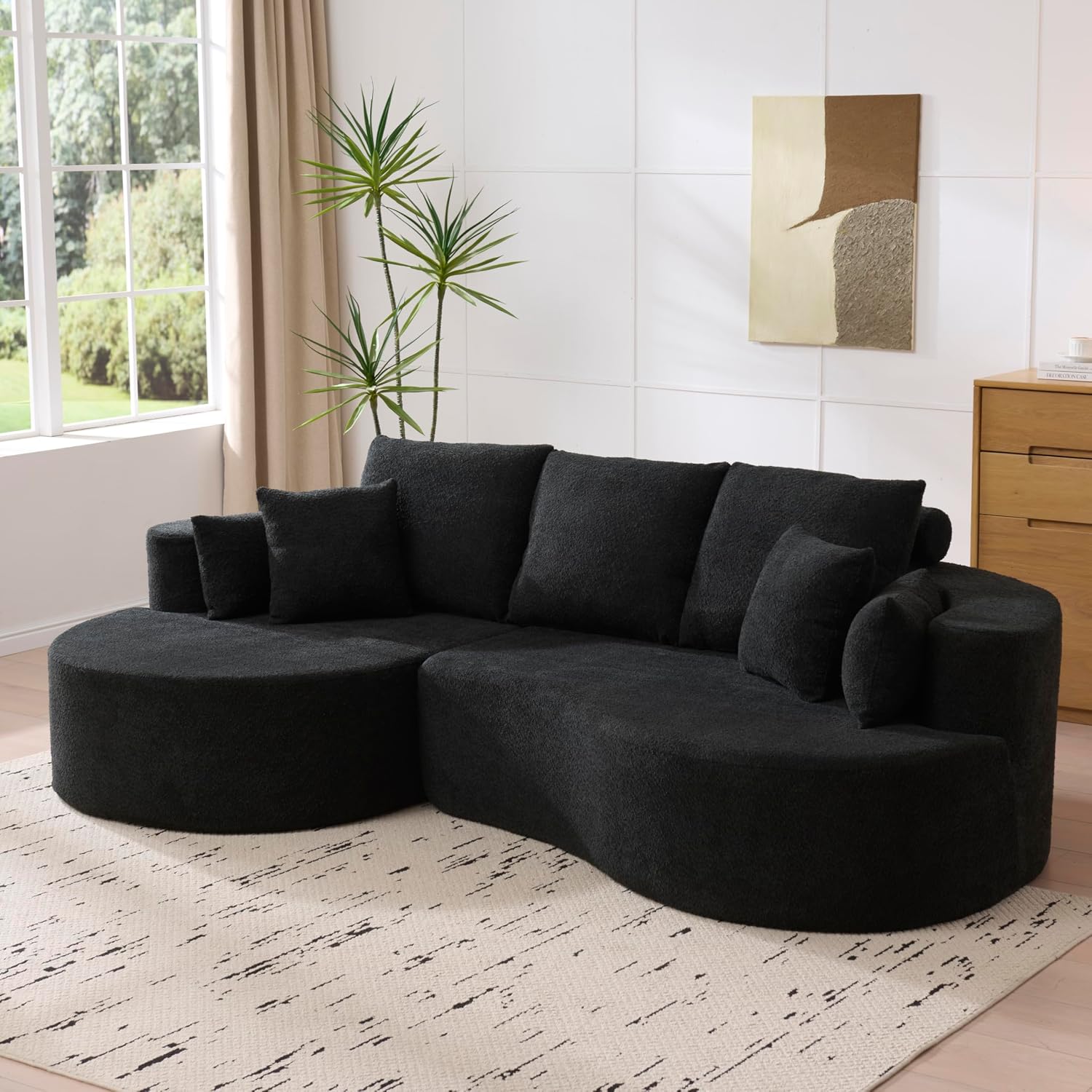 Christopher Knight Home Carden 106' Curved Modular Sectional Sofa, Fabric Upholstered Comfy Sofa Couch with Chaise Lounge, Modern Cloud Couch with Deep Seat, No Assembly Required, Black