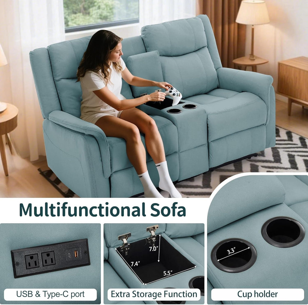 Korser Loveseat Recliner Sofa, Reclining Loveseat Couch, Reclining Couch with Console, USB Port, US Outlets, and Cup Holders, 2-Seater Sofa for Living Room