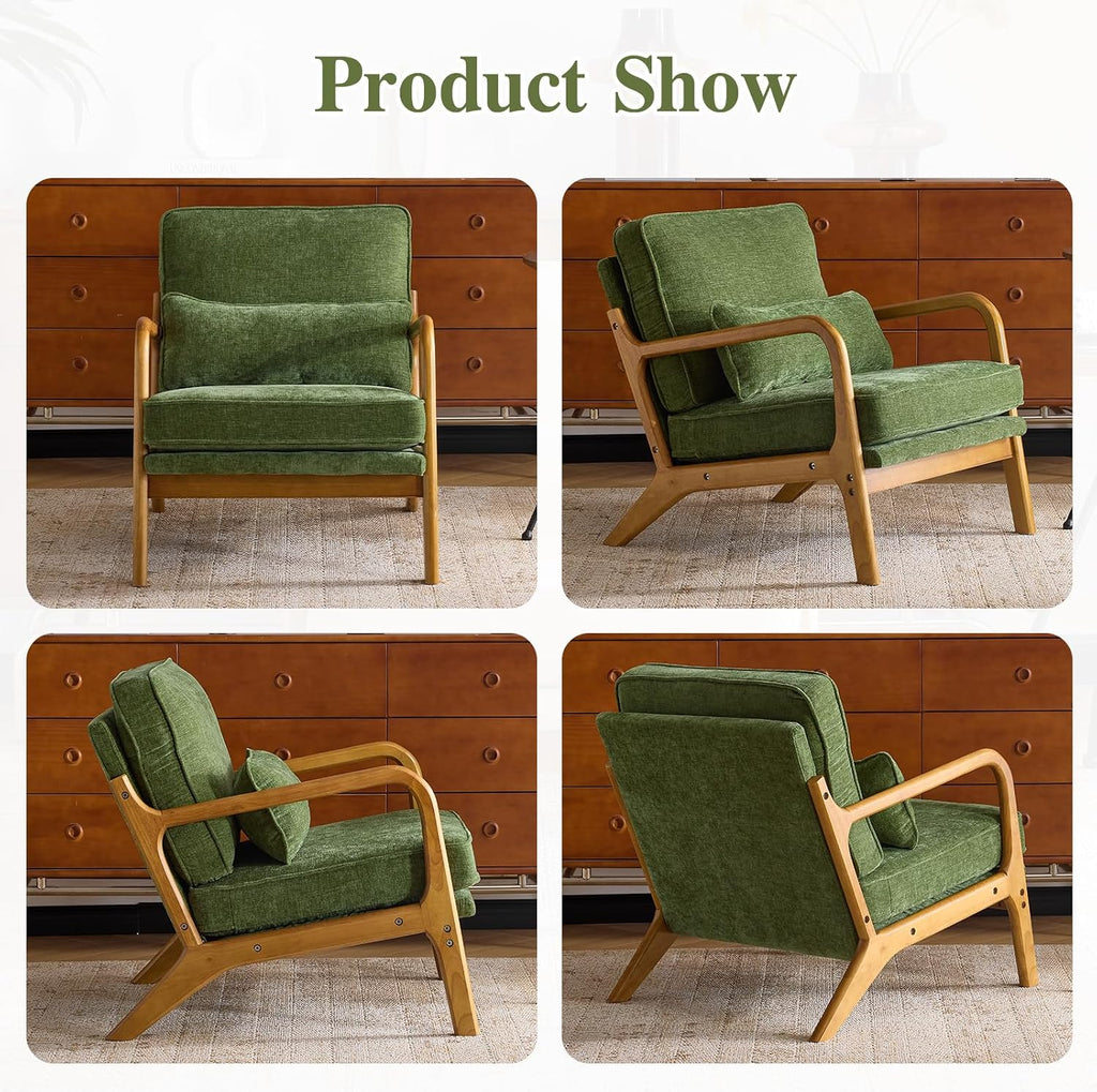 Karl home Mid Century Modern Accent Chair with Lumbar Pillow & Oak Arms – Plush Chenille Living Room Chair for Bedroom, Lounge (Olive Green)