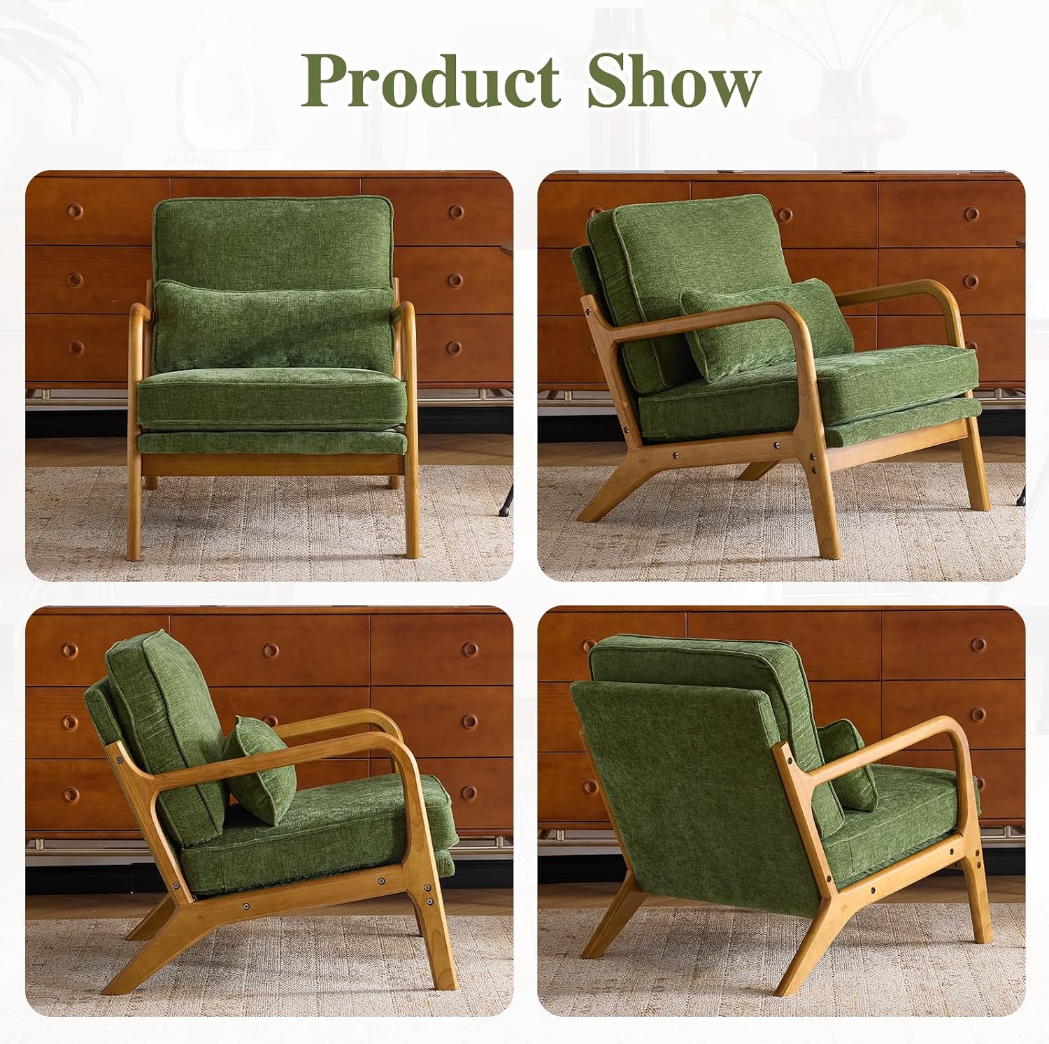 Karl home Mid Century Modern Accent Chair with Lumbar Pillow & Oak Arms – Plush Chenille Living Room Chair for Bedroom, Lounge (Olive Green)