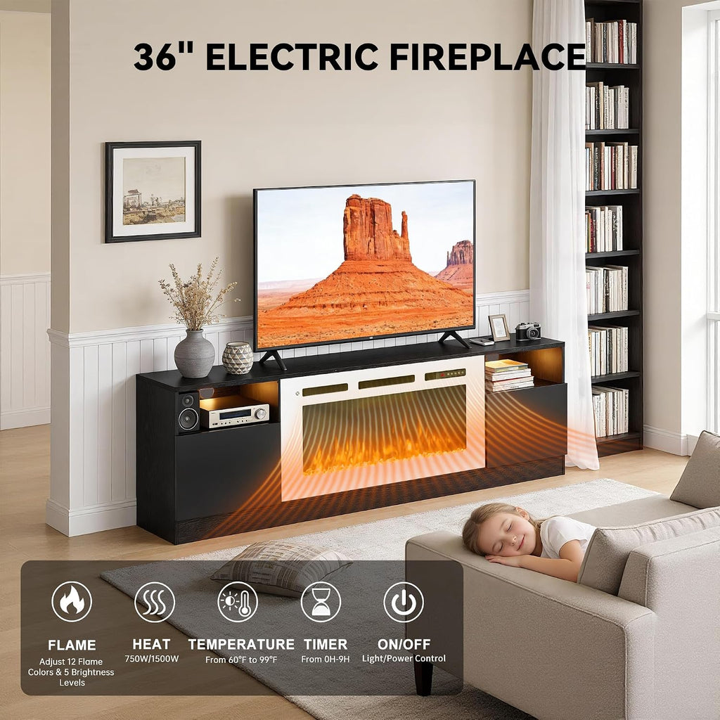 70' Fireplace TV Stand, LED Light Entertainment Center for TVs Up to 80', High-Gloss Door, Modern TV Console for Living Room with Storage Cabinet, Black+White
