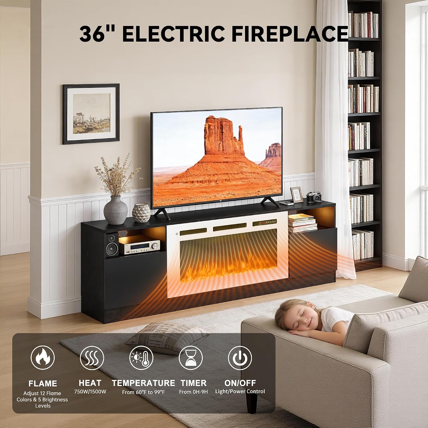 70' Fireplace TV Stand, LED Light Entertainment Center for TVs Up to 80', High-Gloss Door, Modern TV Console for Living Room with Storage Cabinet, Black+White