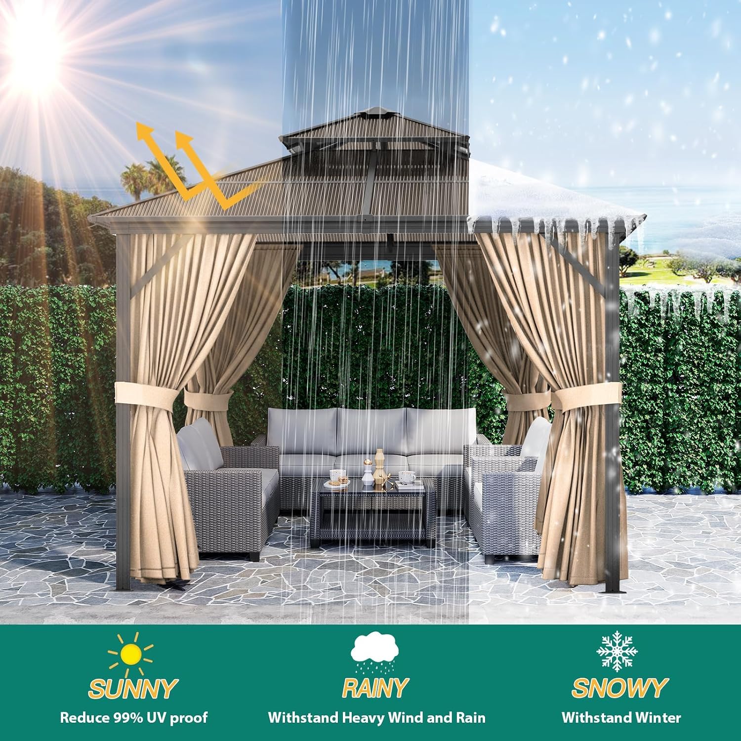 13' x 10' Hardtop Gazebo with Double Roof - Heavy Duty Aluminum Frame, All-Weather Canopy with Netting for Patio/Garden/Poolside (Khaki)