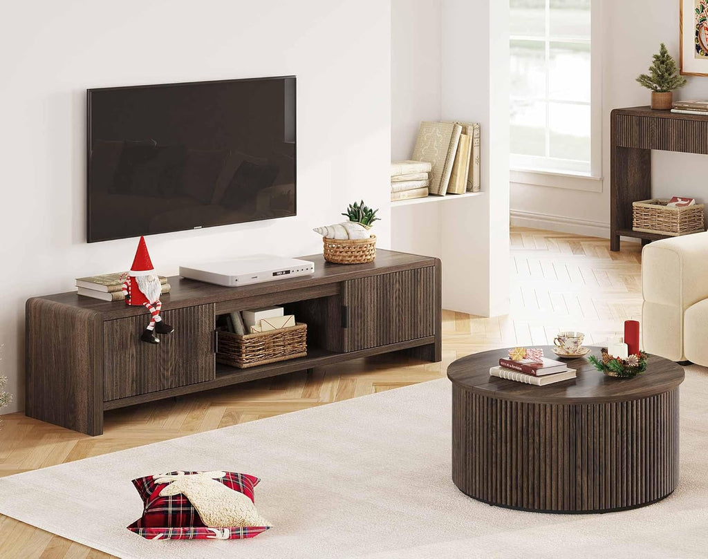 FATORRI TV Stand for 75/65/55 Inch TVs, Mid Century Modern Entertainment Center with Storage, Wood Waveform Fluted-Door Television Media Console for Living Room, Bedroom (63 Inch W, Dark Walnut)