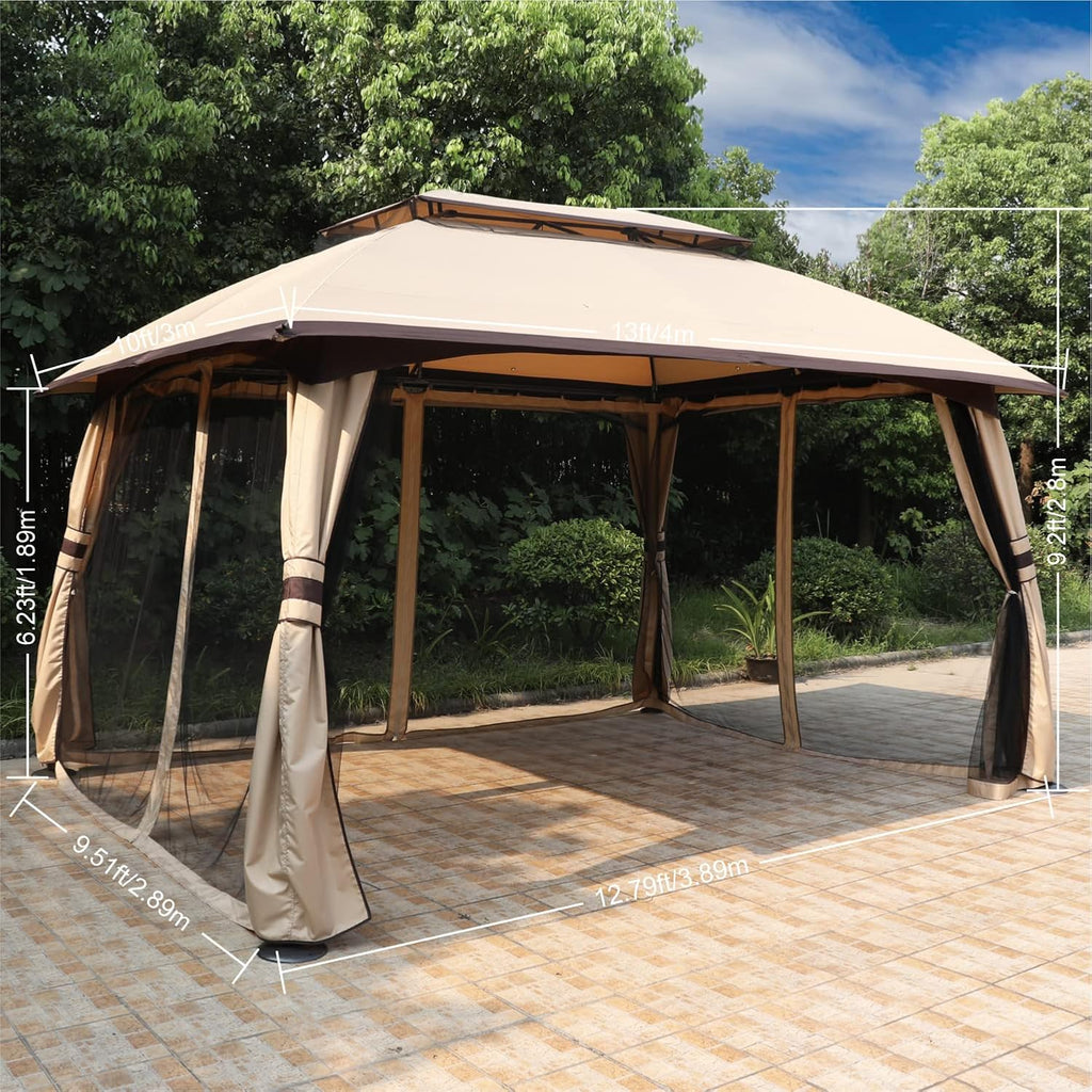 ABCCANOPY 10x13 Outdoor Gazebo - Patio Gazebos with Mosquito Netting and Double Roof for Backyard, Garden or Lawn (Khaki)