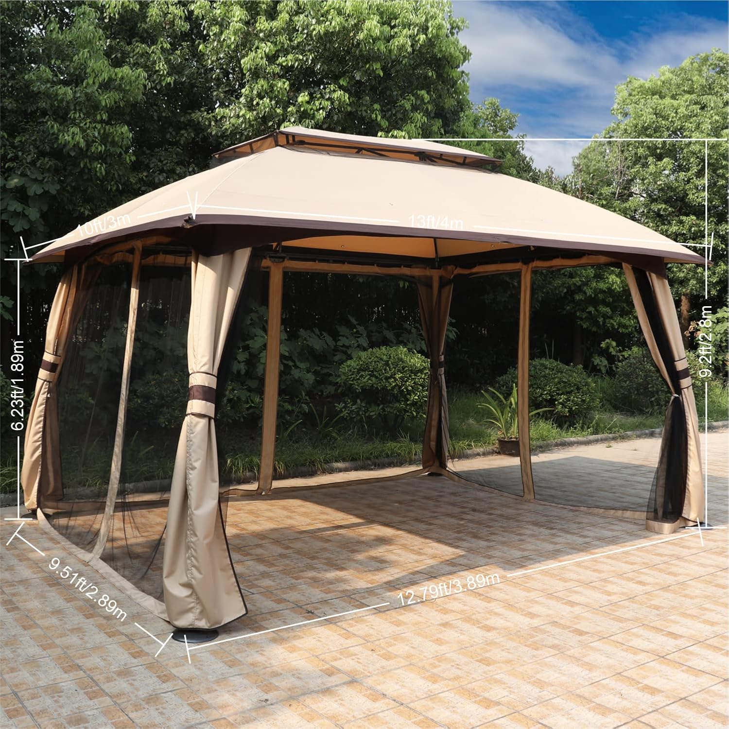 ABCCANOPY 10x13 Outdoor Gazebo - Patio Gazebos with Mosquito Netting and Double Roof for Backyard, Garden or Lawn (Khaki)