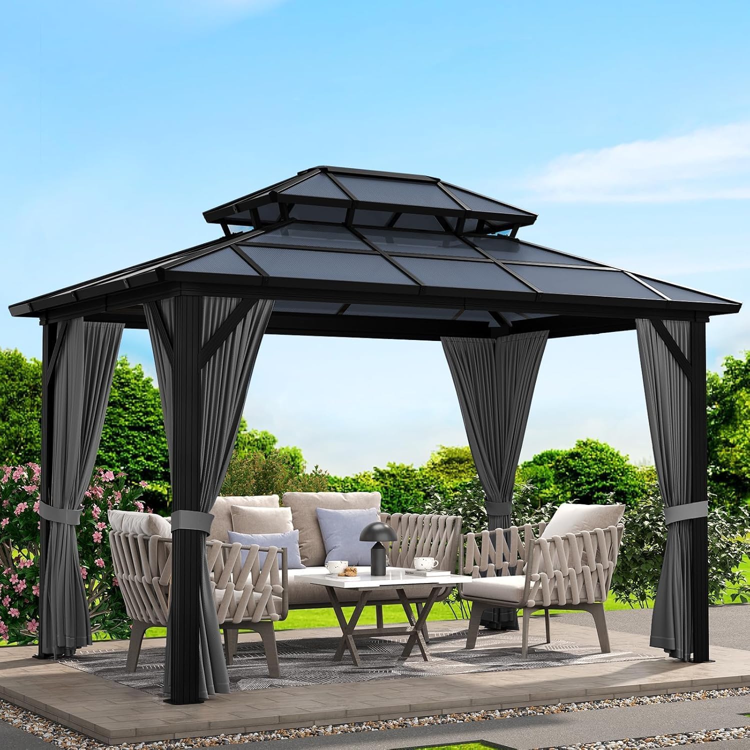 TROPOW 10×12 FT Hardtop Gazebo with Polycarbonate Double Roof, Gray Aluminum Frame Outdoor Patio Gazebo with 2 Track Curtains & Netting, Water-Drainage, UV Protection, Permanent Backyard Canopy