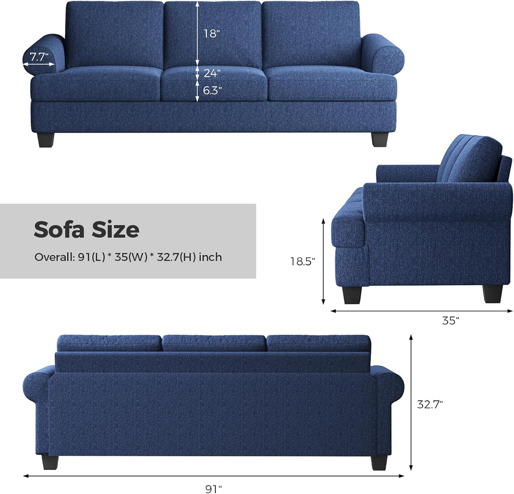 COPIAE 91 Inch Lawson Sofa with Extra Deep Seats Oversize, Mid-Century 3-Seat Sofa Couch, for Living Room, Apartment, Lounge, Dark Blue