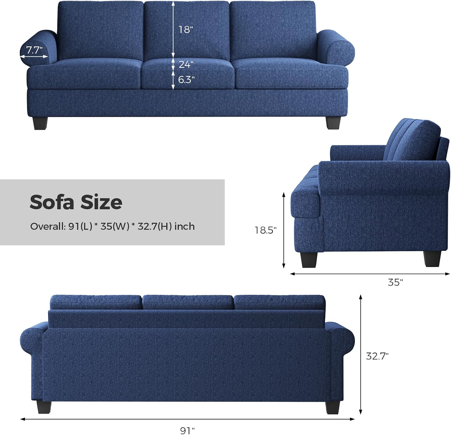 COPIAE 91 Inch Lawson Sofa with Extra Deep Seats Oversize, Mid-Century 3-Seat Sofa Couch, for Living Room, Apartment, Lounge, Dark Blue