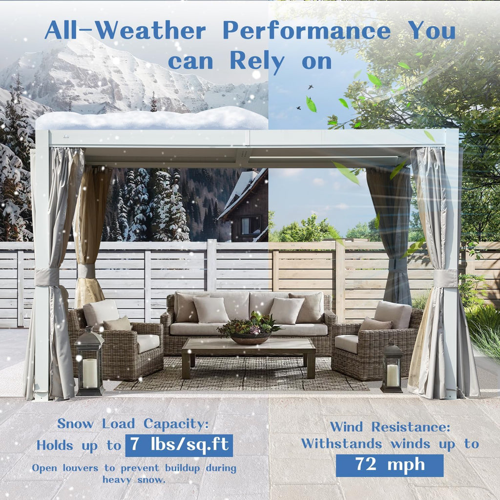 Domi 10' X 12' Louvered Pergola, Metal Aluminum Pergola with Adjustable Roof, Outdoor Pergolas with Curtain, Modern Retractable Hardtop Gazebo for Patio Deck Backyard Garden, White