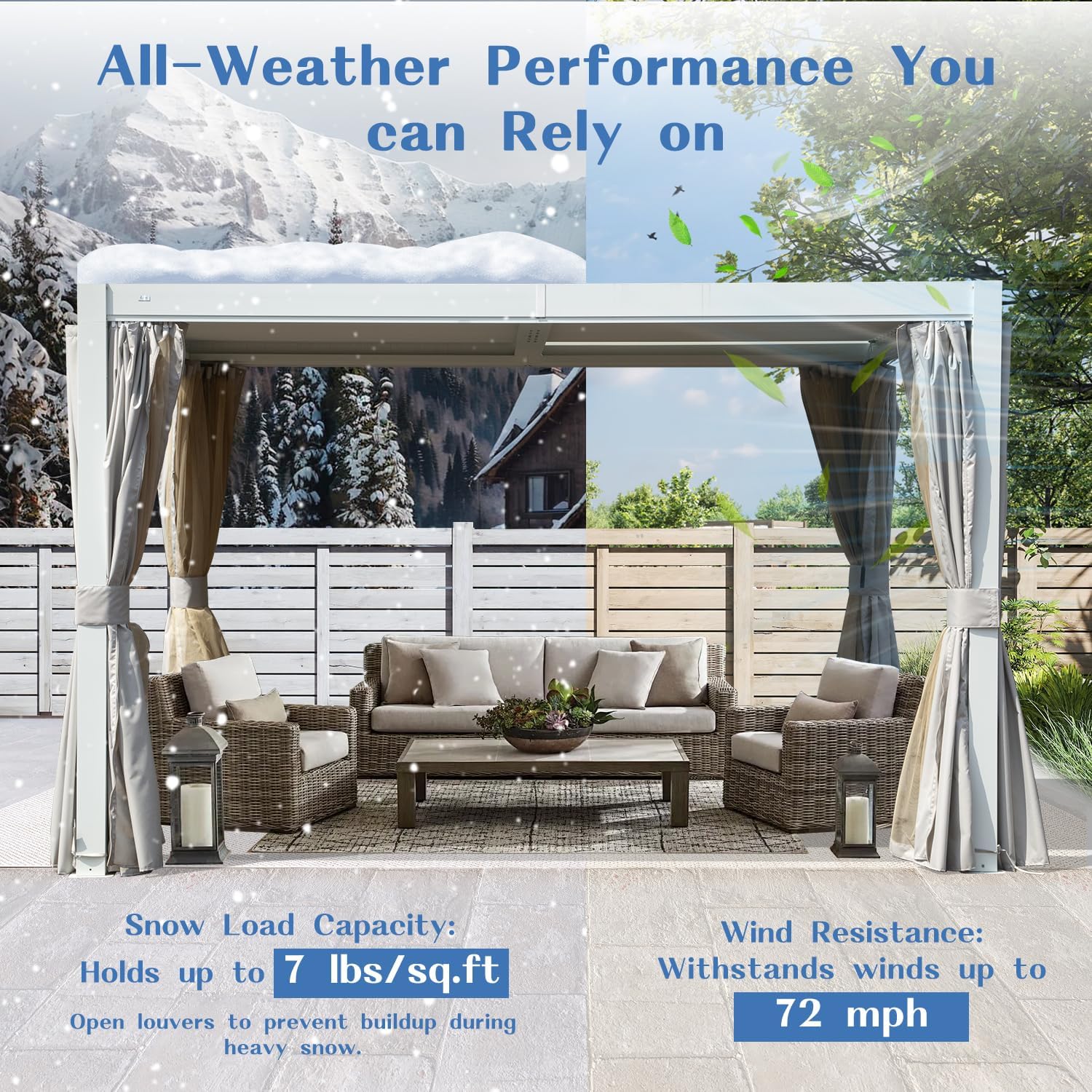 Domi 10' X 12' Louvered Pergola, Metal Aluminum Pergola with Adjustable Roof, Outdoor Pergolas with Curtain, Modern Retractable Hardtop Gazebo for Patio Deck Backyard Garden, White