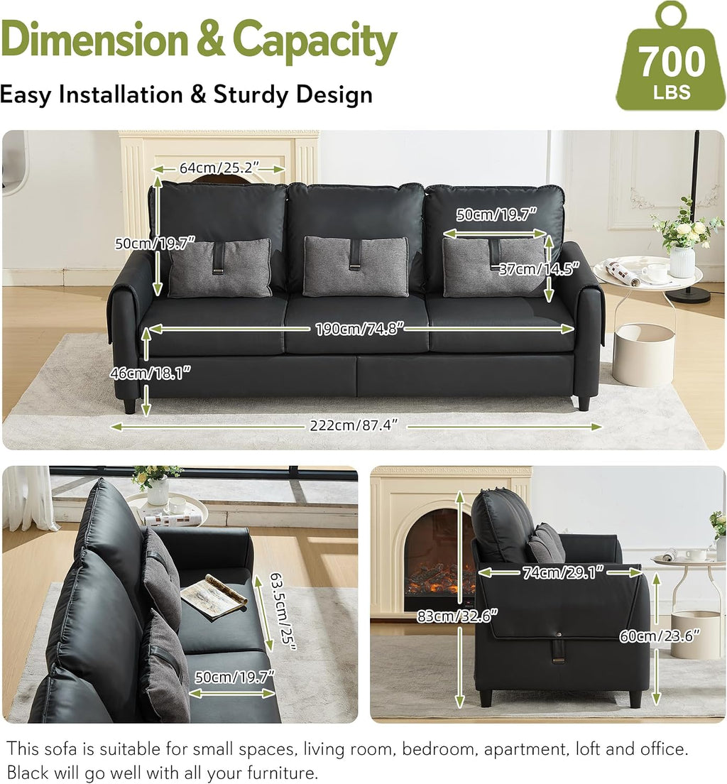 STHOUYN 88' Faux Leather Couch for Living Room, Black Office Couch Small Space, Comfy 3 Seater Couches Leather Sofa with High Backrest (Black)