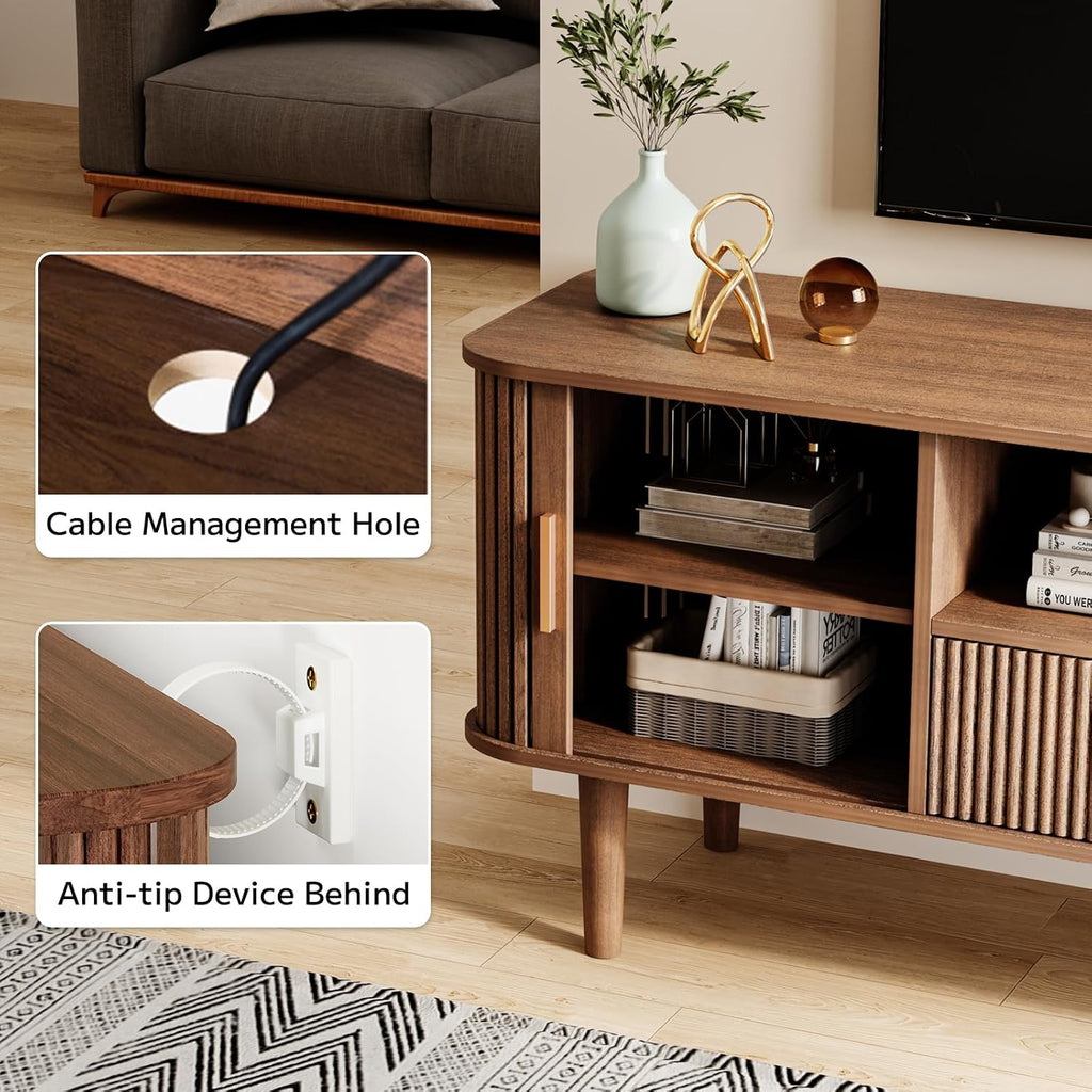 Fluted TV Stand for TVs Up to 60 Inch, 55' Mid-Century Entertainment Center with Sliding Doors&Drawer, Modern Media Console for Living Room, Walnut (55.1' L*15.7*W*23' H)