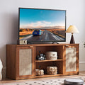 LEYAOYAO Rattan TV Stands for Living Room, Boho TV Cabinet with Storage and Open Shelf, Rustic Wood Entertainment Center, Media Console for 50-65 Inch TV, Tea Brown